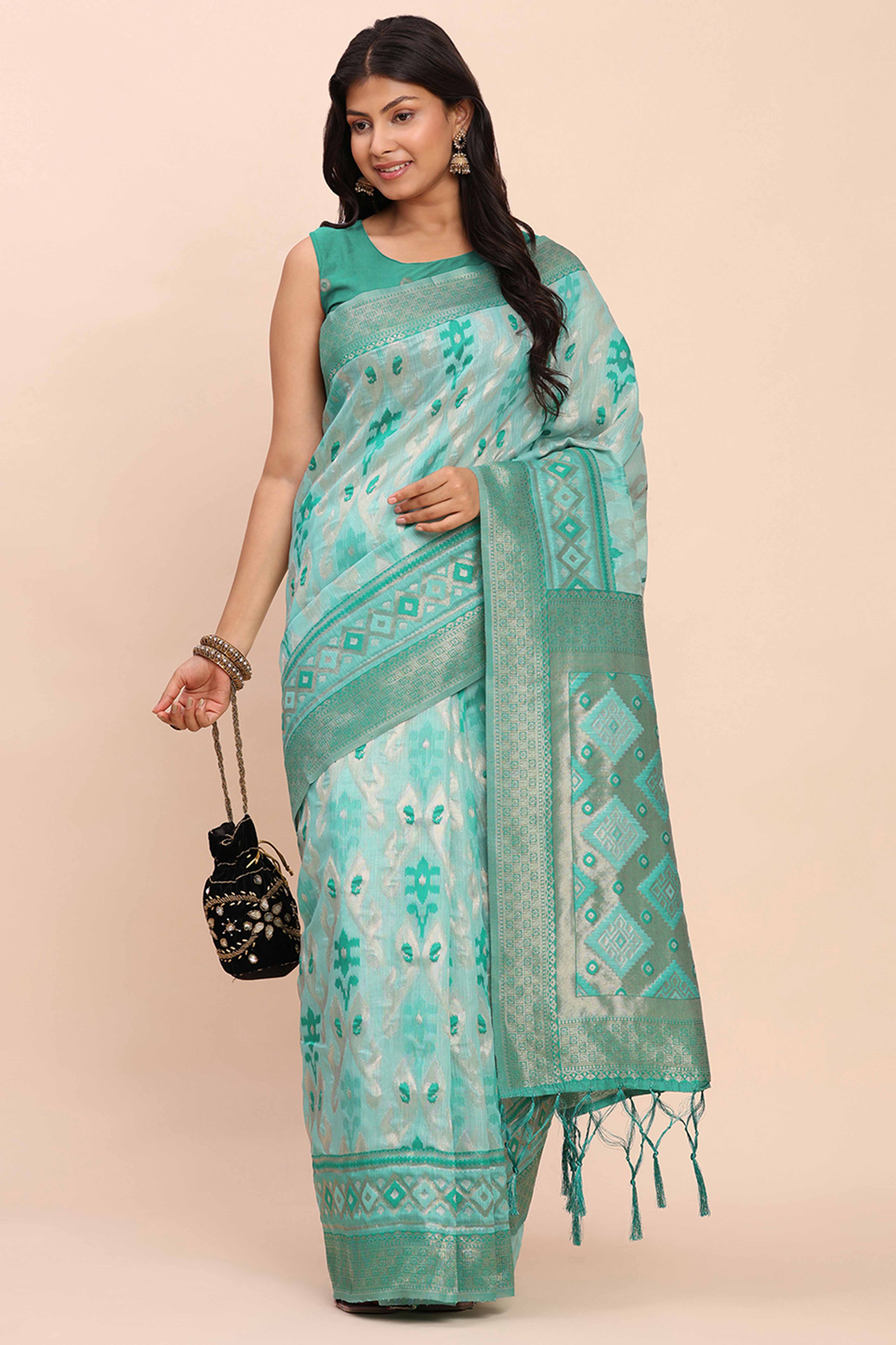 Turquoise Patola Inspired Linen Cotton Saree Adorned With Zari Weaving & Graceful Tassel Pallu - Image 5