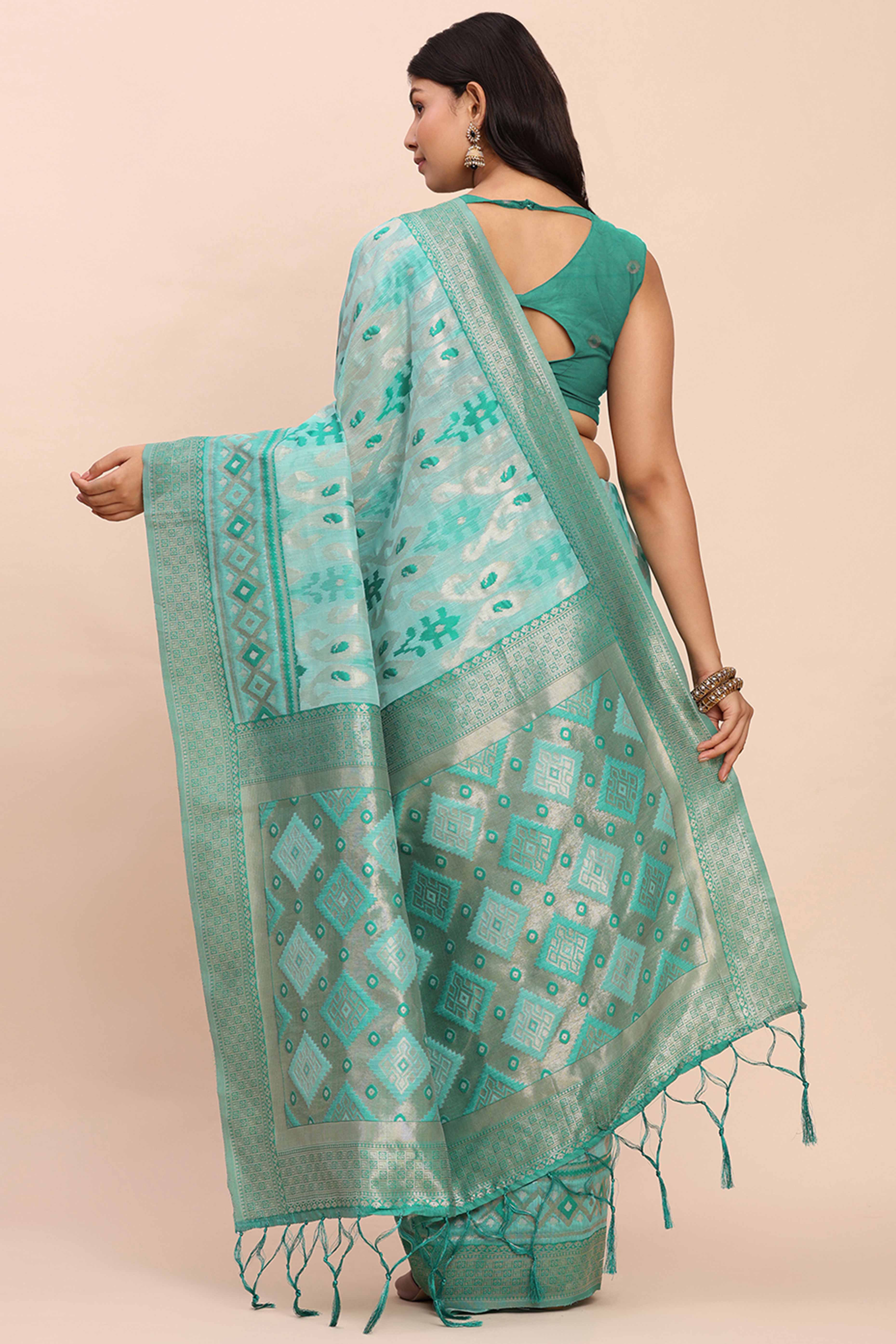 Turquoise Patola Inspired Linen Cotton Saree Adorned With Zari Weaving & Graceful Tassel Pallu - Image 6