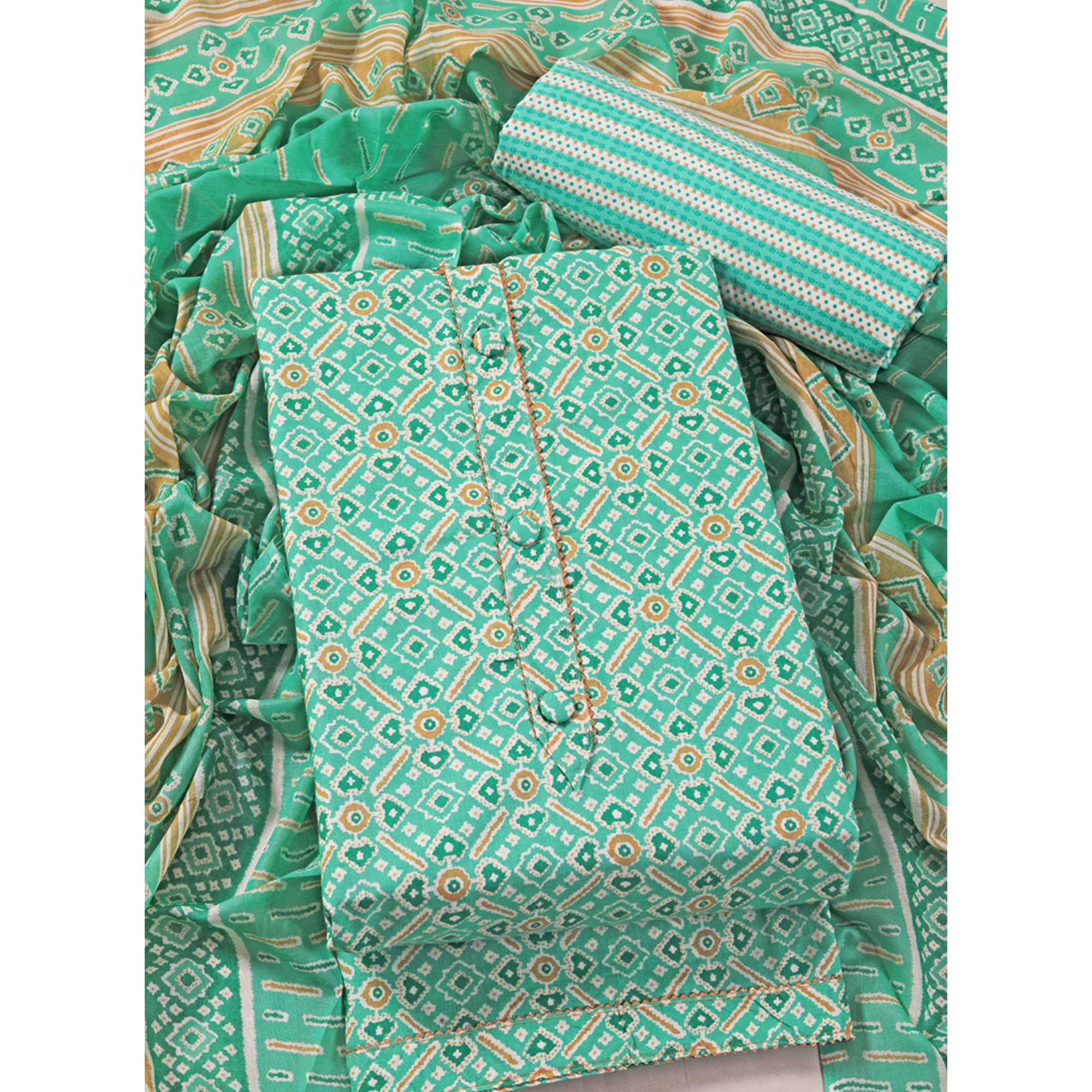 Turquoise Patola Printed With Gota Patti Work Pure Cotton Dress Material - Image 3