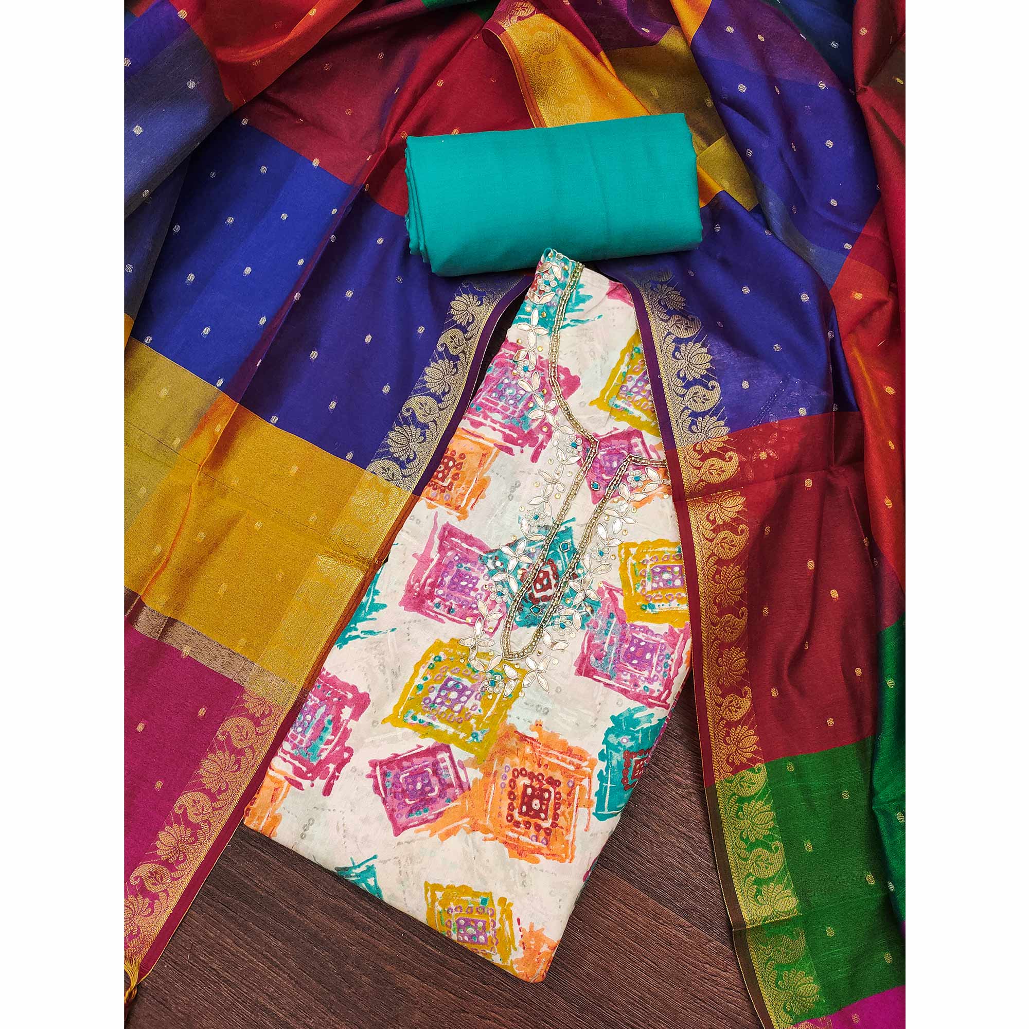 Turquoise Print & Delicate Moti With Gota Patti Work Cotton Silk Dress Material - Image 3