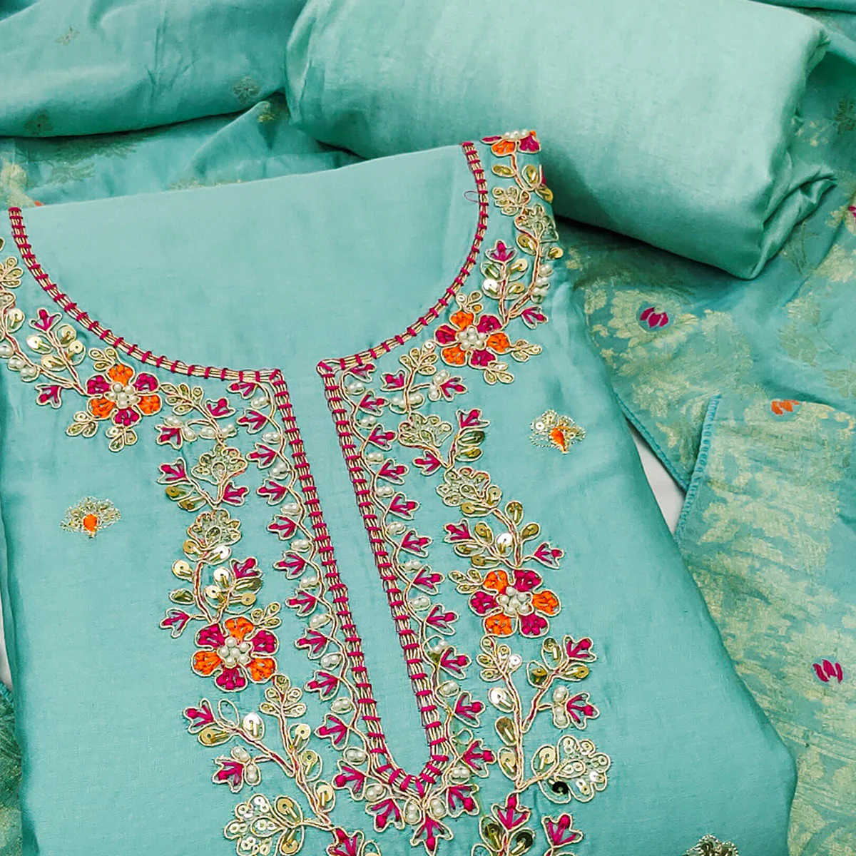 Turquoise Pure Cotton Dress Material Featuring Floral Sequins Cording Embroidery With Moti Handwork - Image 2