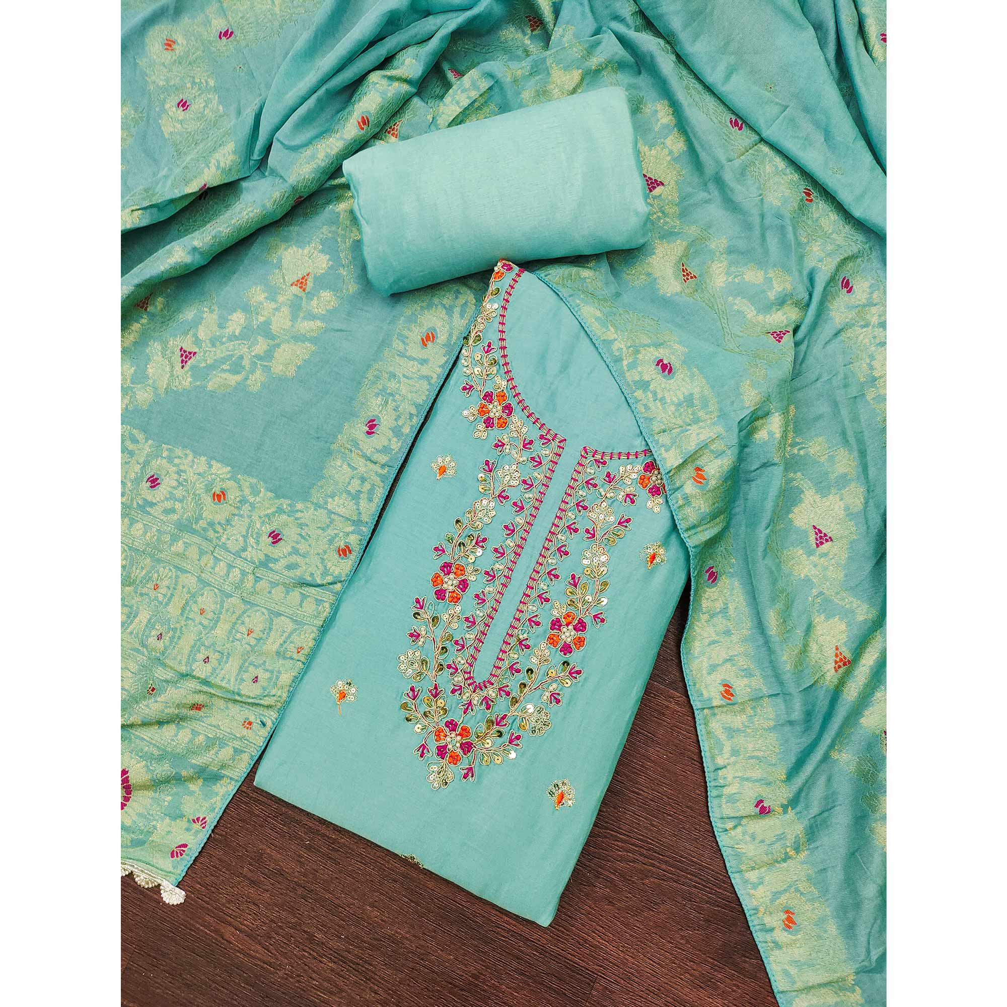 Turquoise Pure Cotton Dress Material Featuring Floral Sequins Cording Embroidery With Moti Handwork - Image 3
