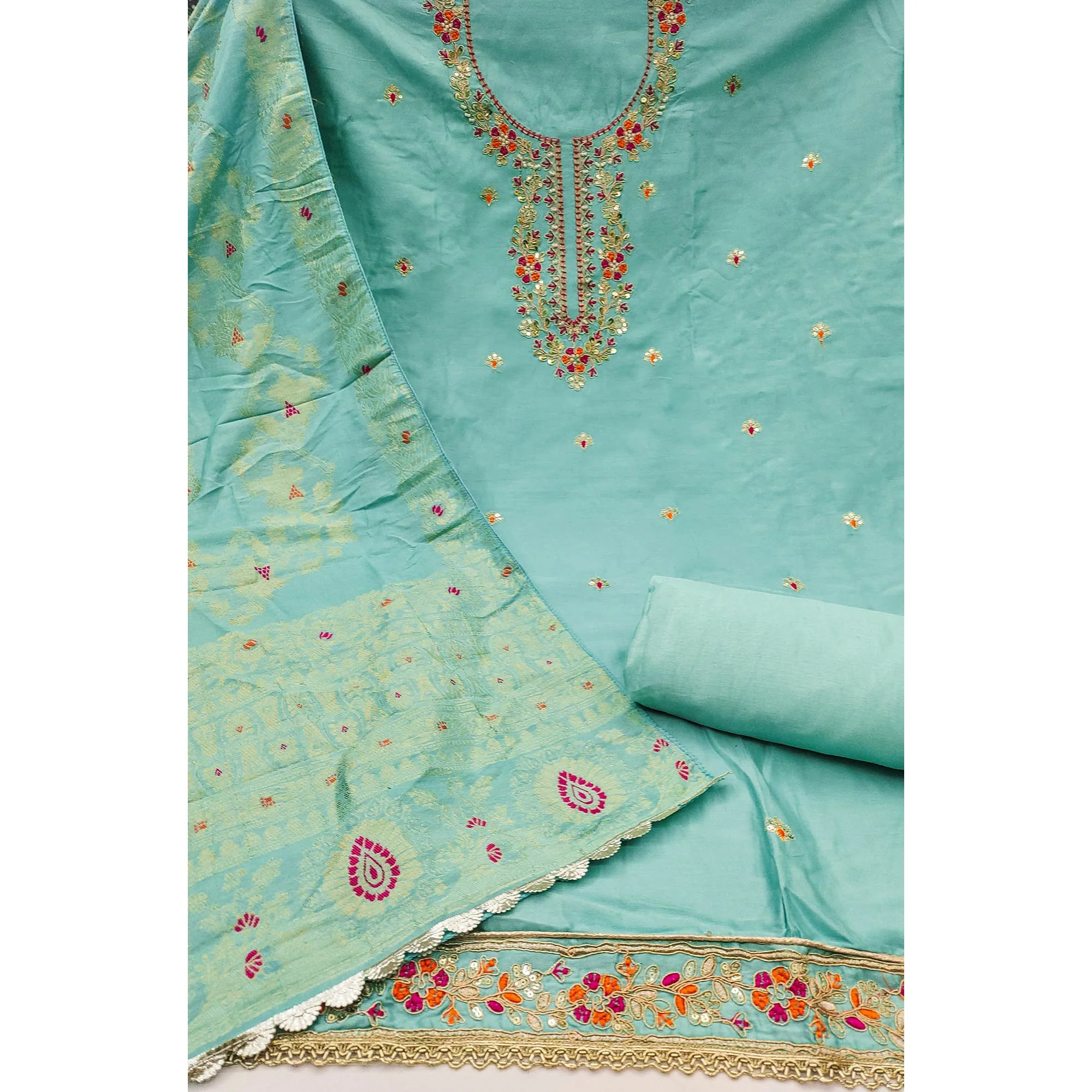 Turquoise Pure Cotton Dress Material Featuring Floral Sequins Cording Embroidery With Moti Handwork - Image 4