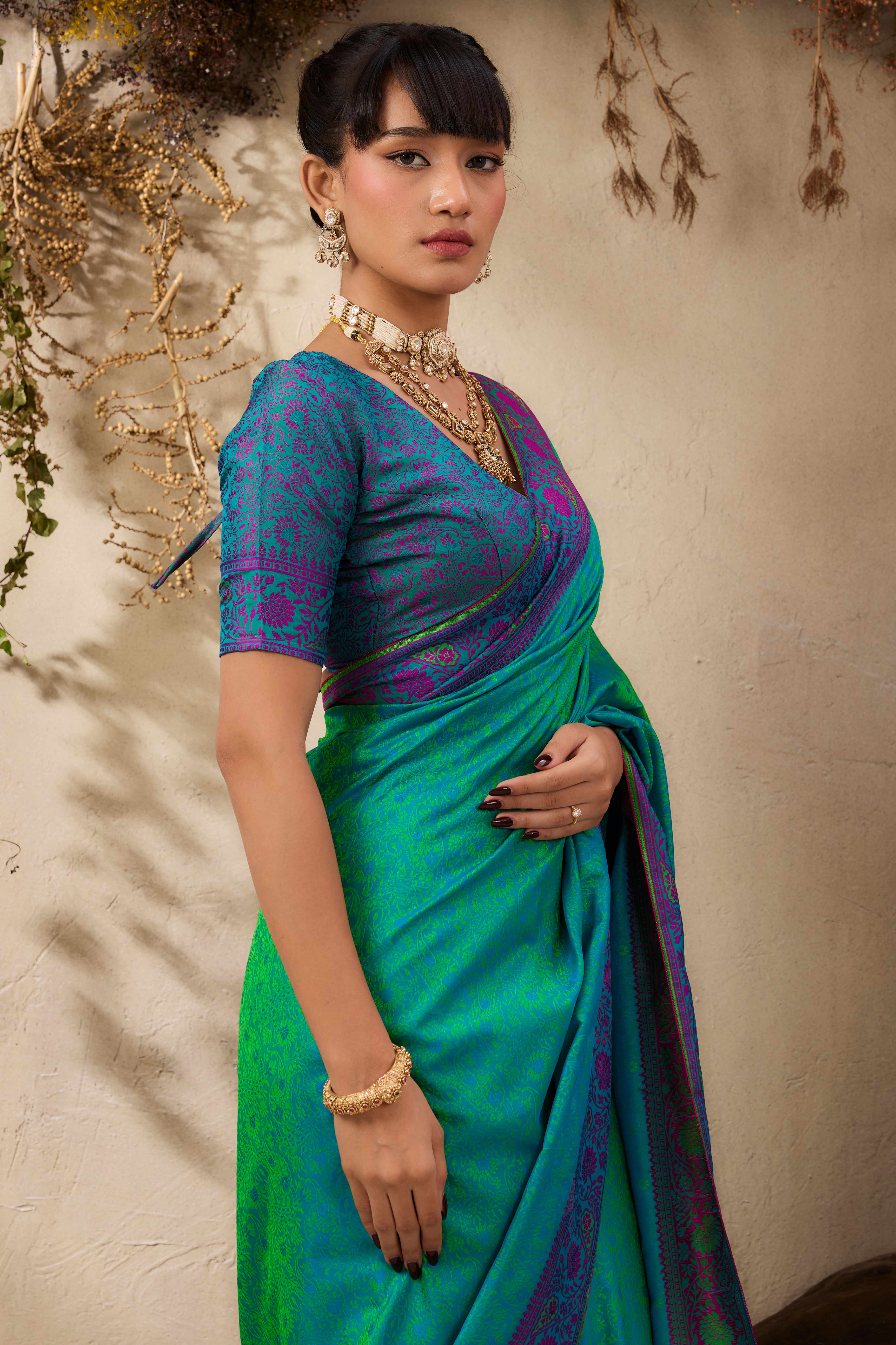 Turquoise Pure Silk Kanjivaram Handloom Saree Enhanced with Zari Woven Patterns - Image 8