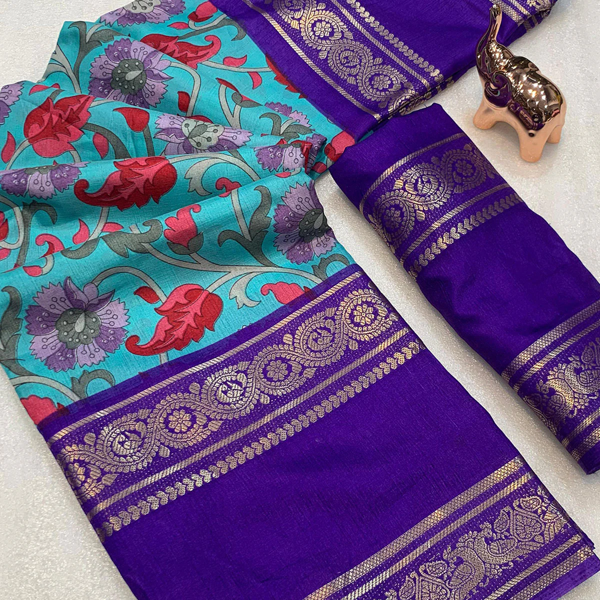 Turquoise Saree In Dola Silk Featuring Floral Kalamkari Print & Rich Jacquard Border - Image 2