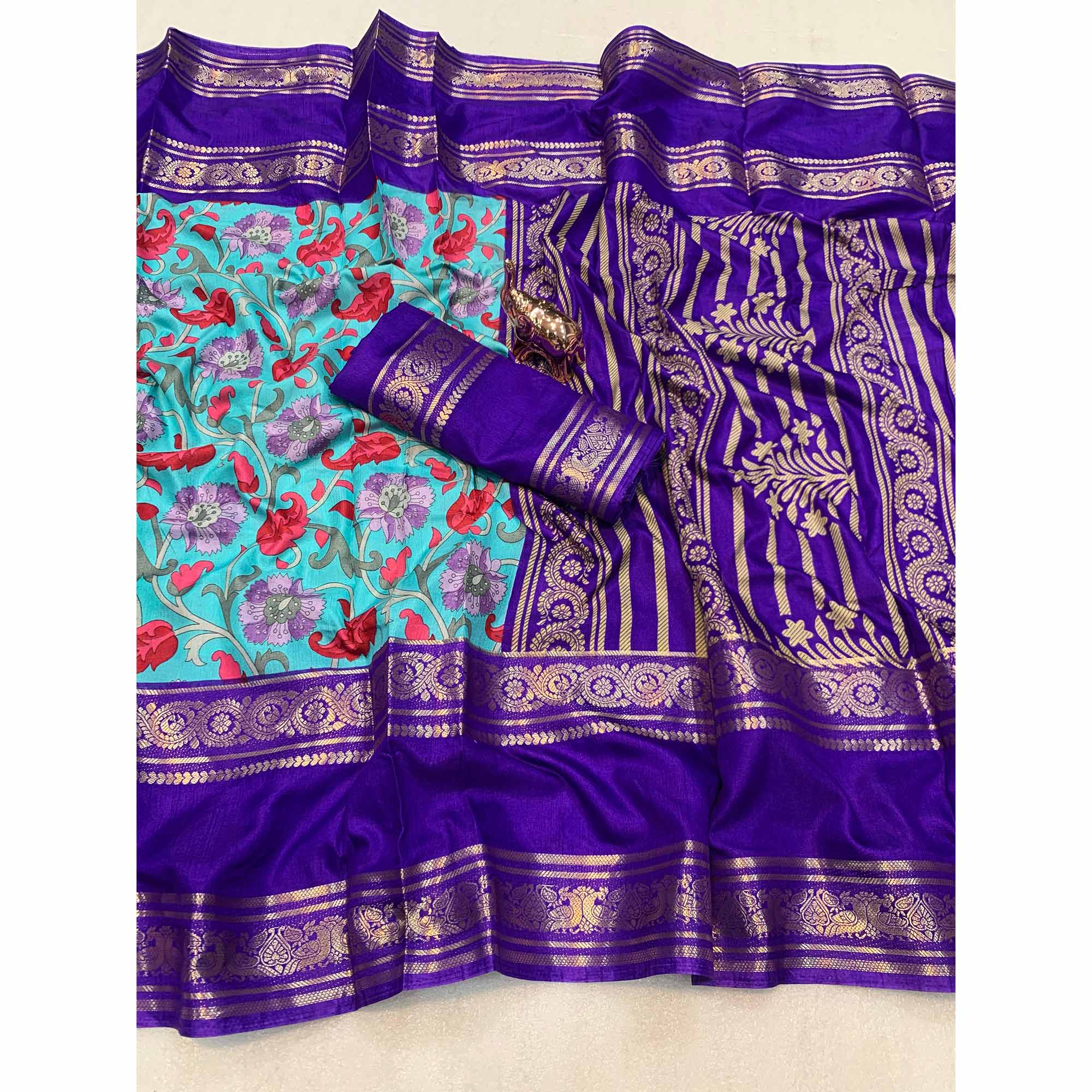 Turquoise Saree In Dola Silk Featuring Floral Kalamkari Print & Rich Jacquard Border - Image 3