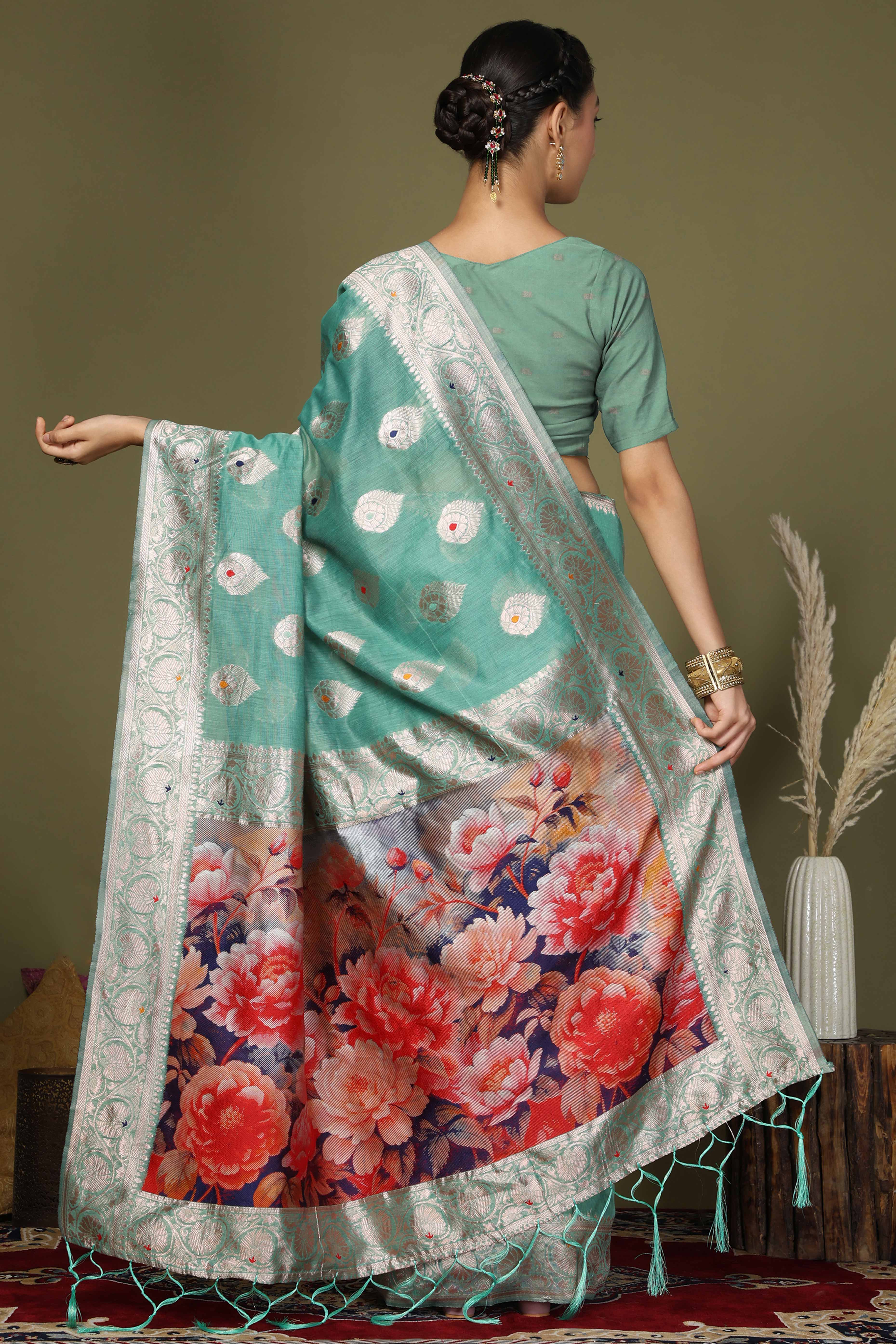 Turquoise Saree In Linen Cotton Featuring Floral Zari Weaving & Digital Printed Pallu - Image 5