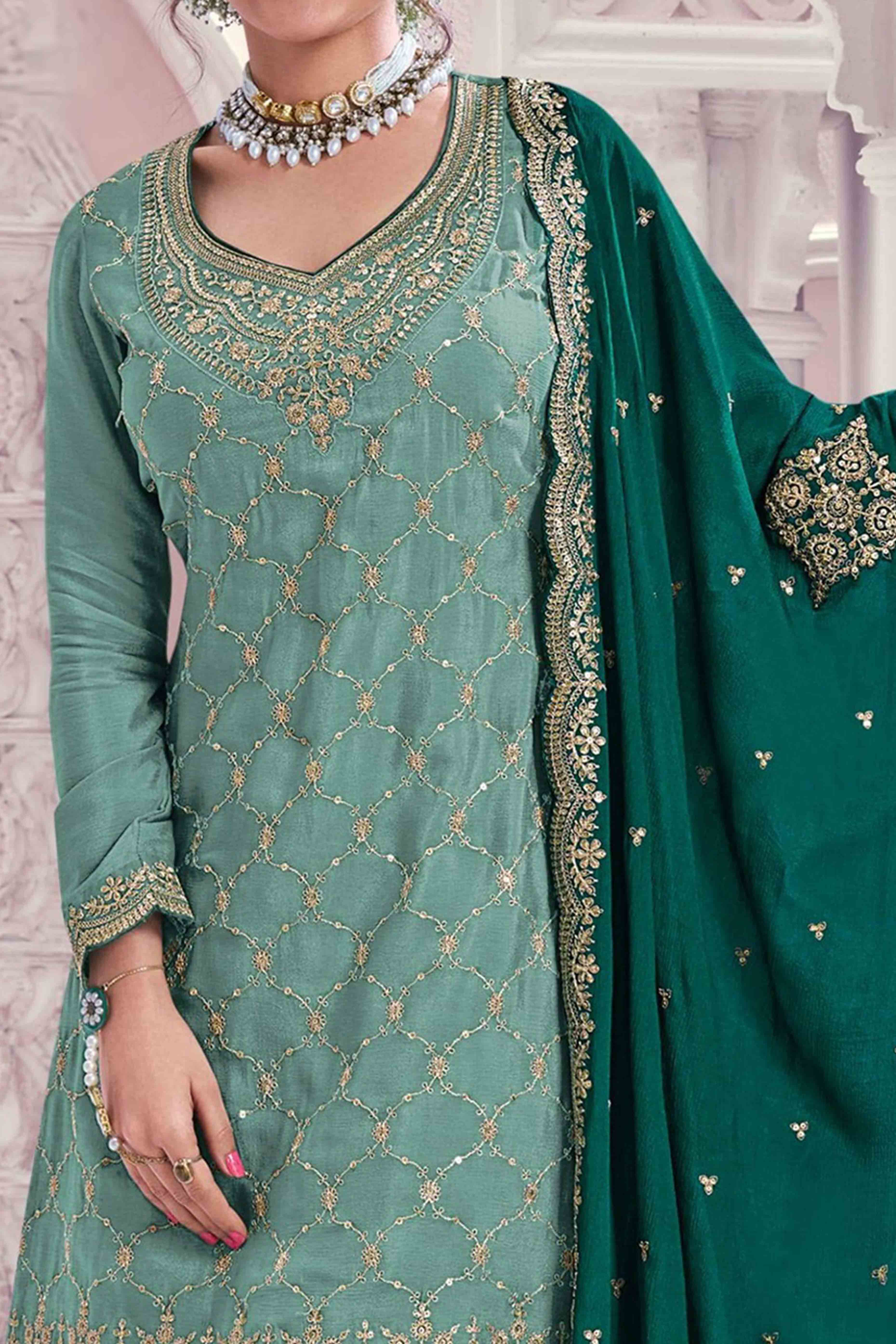 Turquoise Sequins Embroidered Chinon Sharara Suit - Image 2