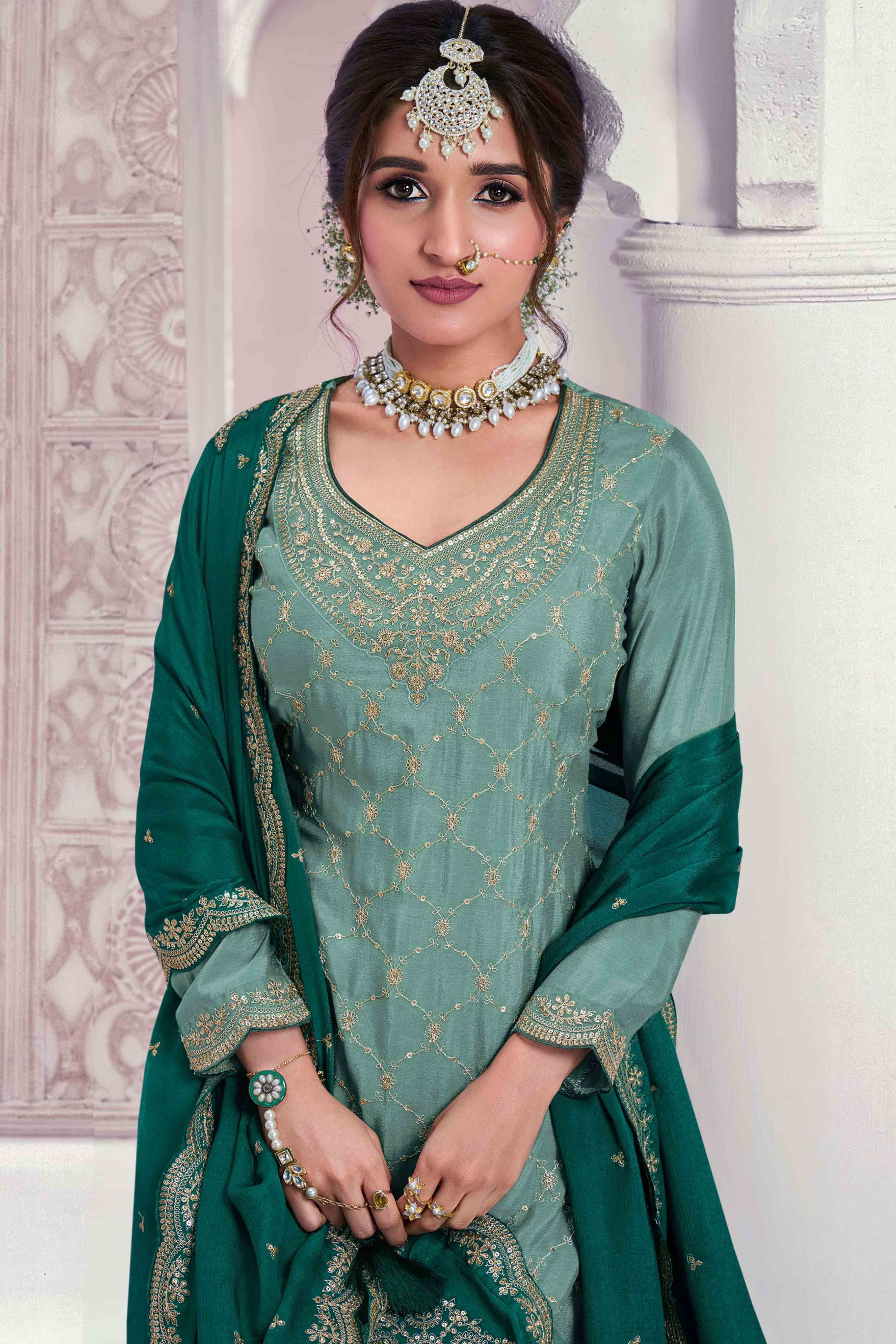 Turquoise Sequins Embroidered Chinon Sharara Suit - Image 3