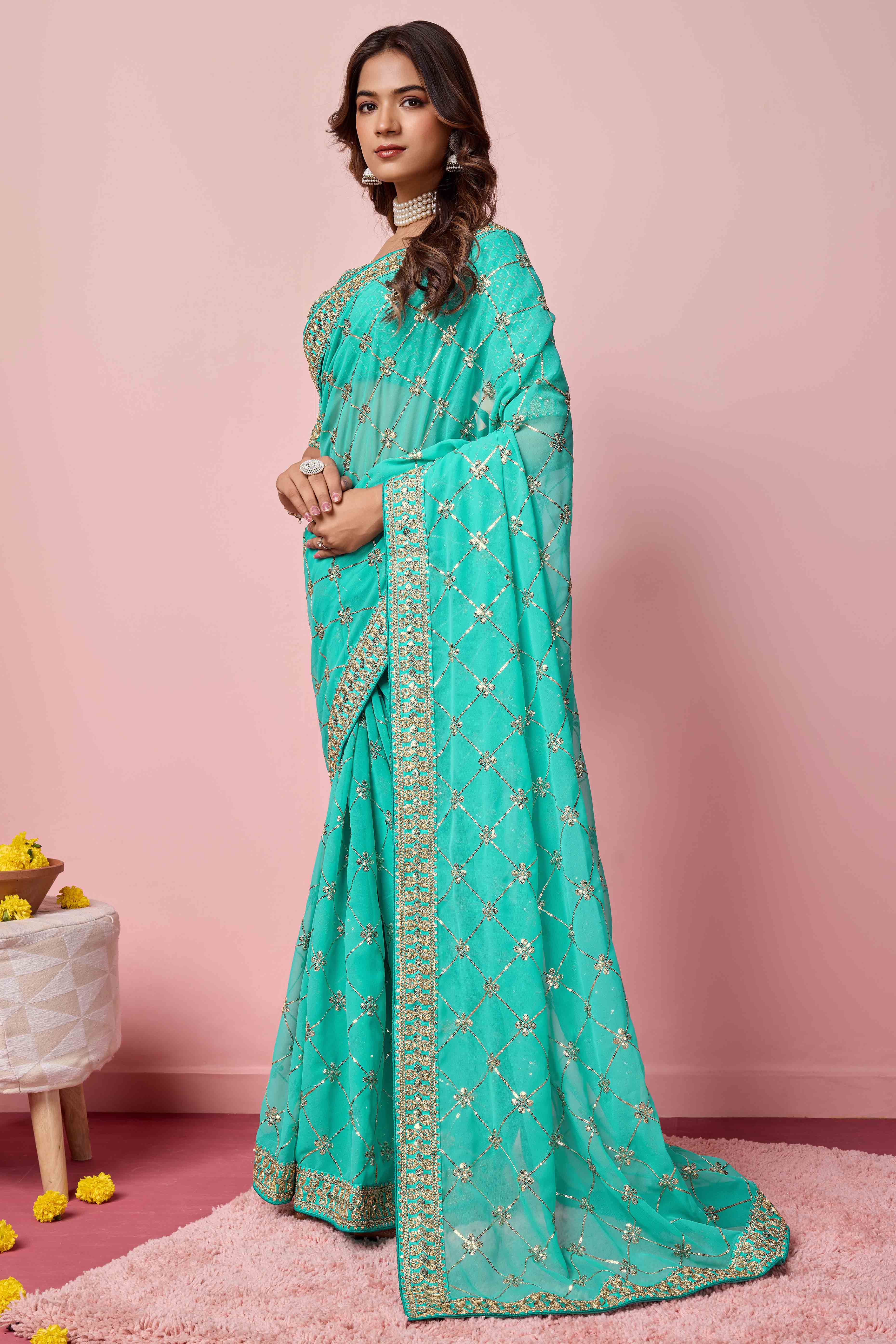 Turquoise Sequins Embroidered Georgette Saree - Image 4