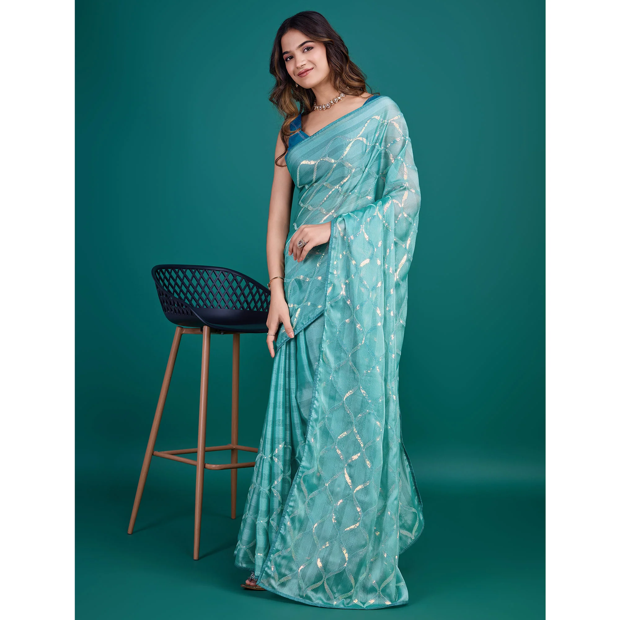 Turquoise Sequins Embroidered Georgette Saree - Image 5