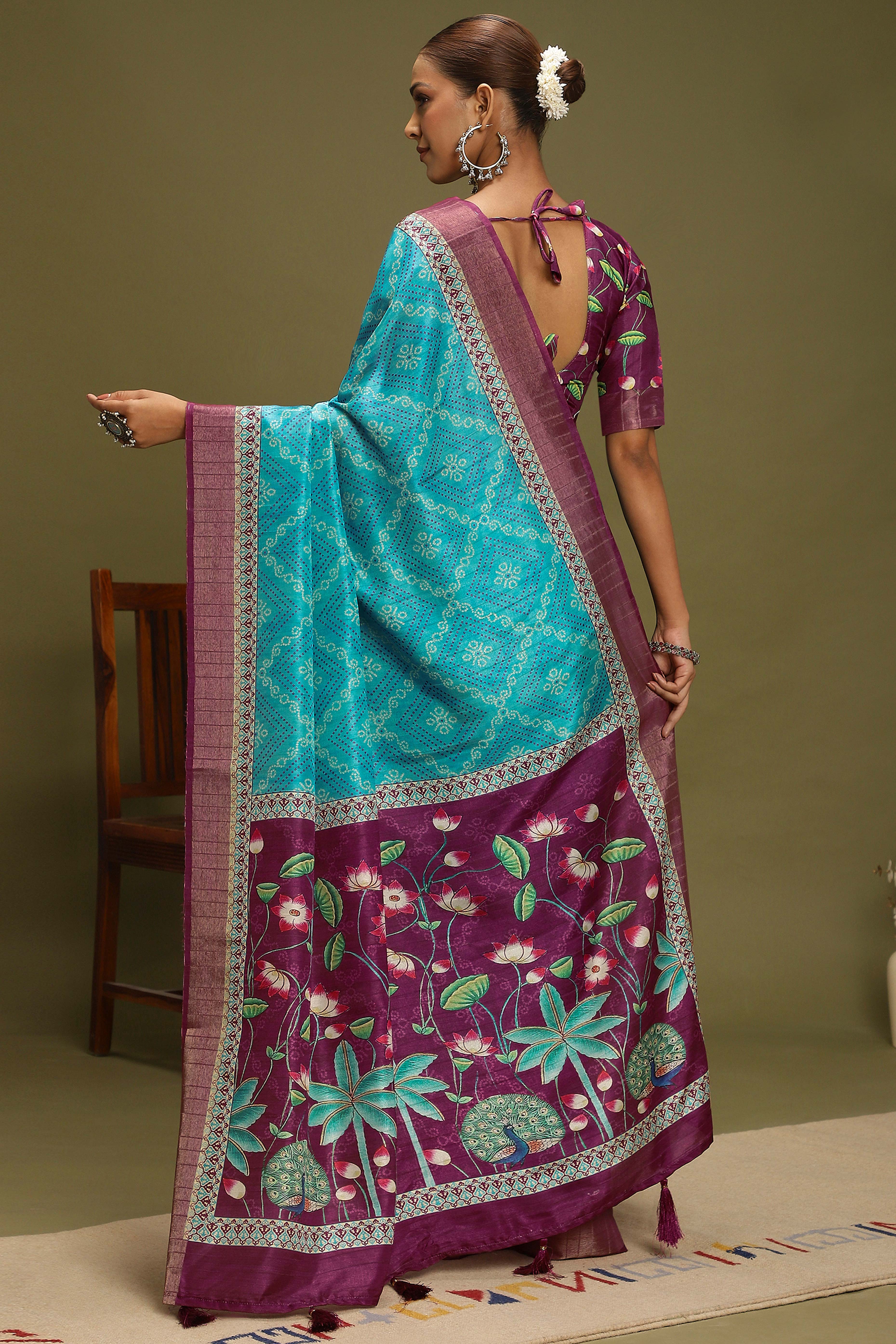 Turquoise Silk Blend Saree Decorated with Vibrant Bandhani Prints and Festive Detailing - Image 5