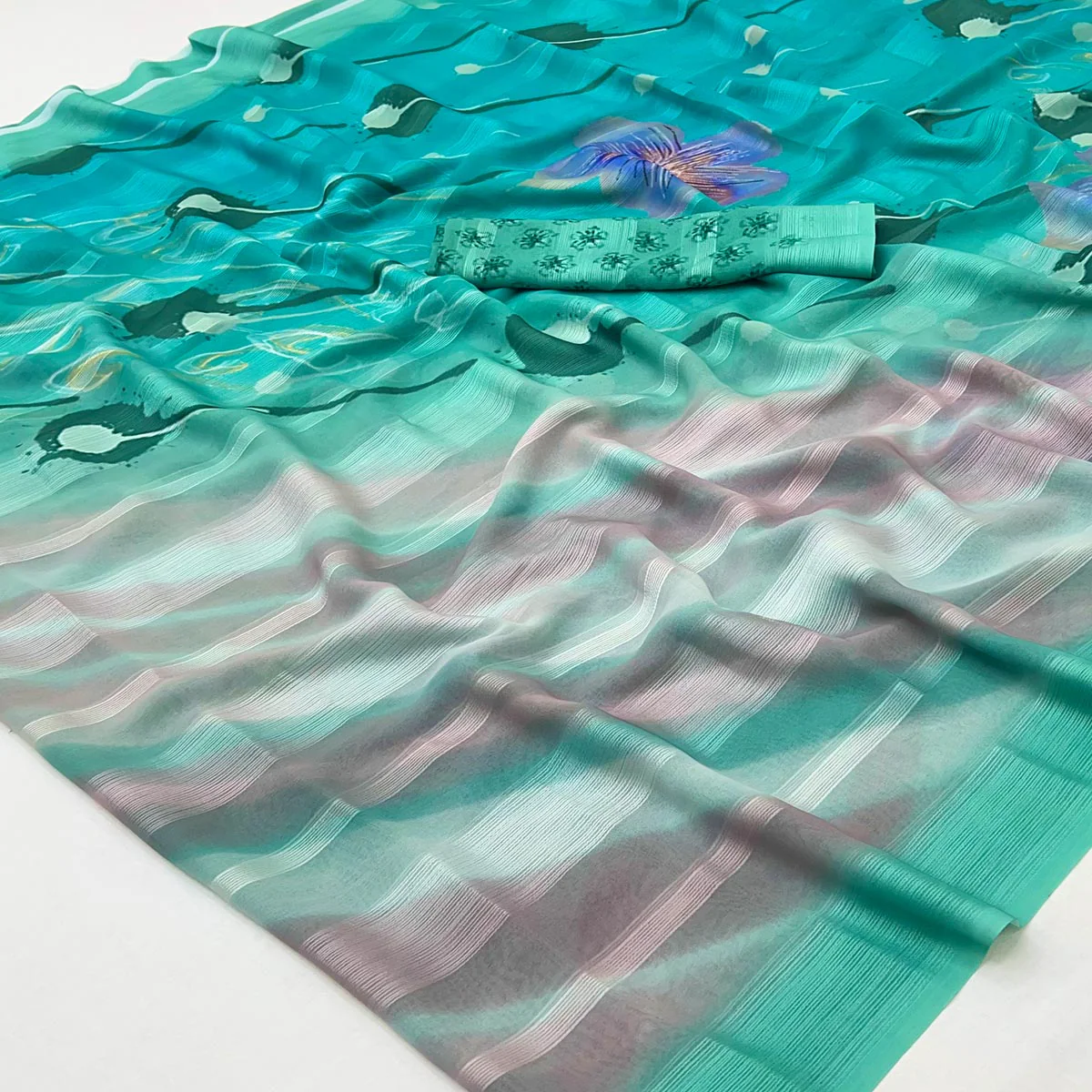 Turquoise Silk Blend Saree With Floral Digital Prints & Striped Weaving Design - Image 2