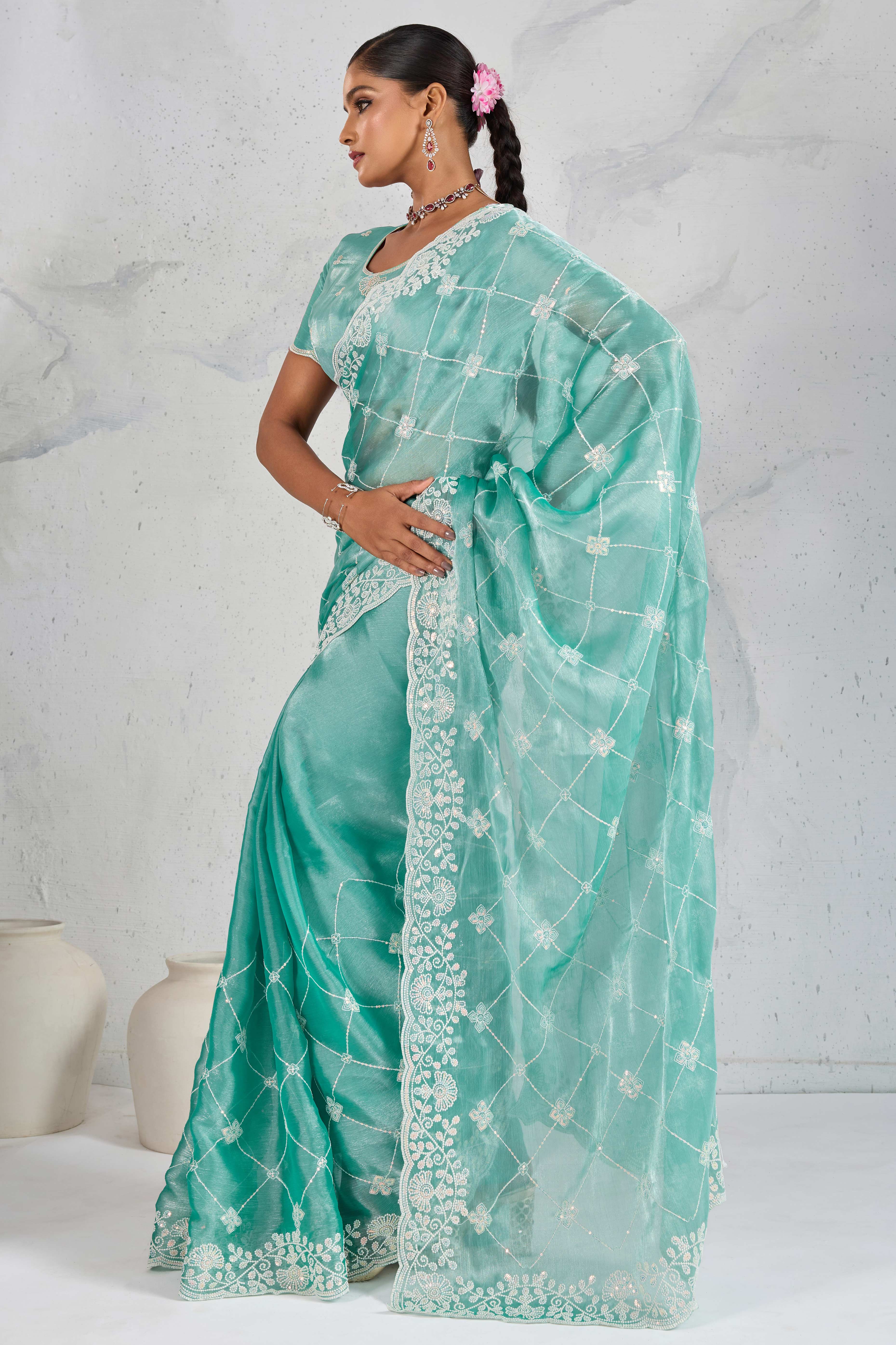 Turquoise Silk Saree with Dazzling Sequin Embroidery - Image 5
