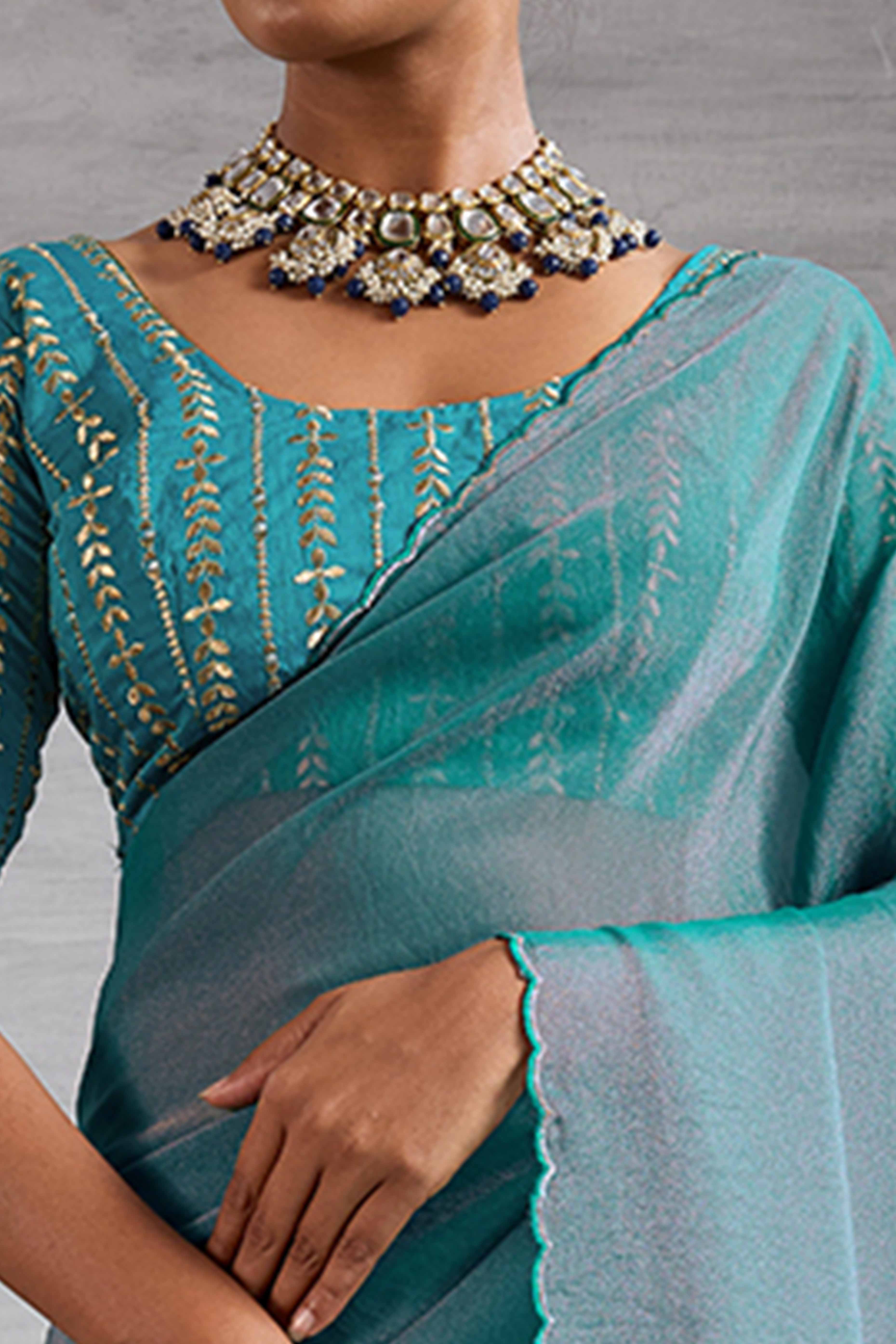 Turquoise Solid Organza Jimmy Choo Saree Accentuated With Elegant Cutwork Border Detailing - Image 2