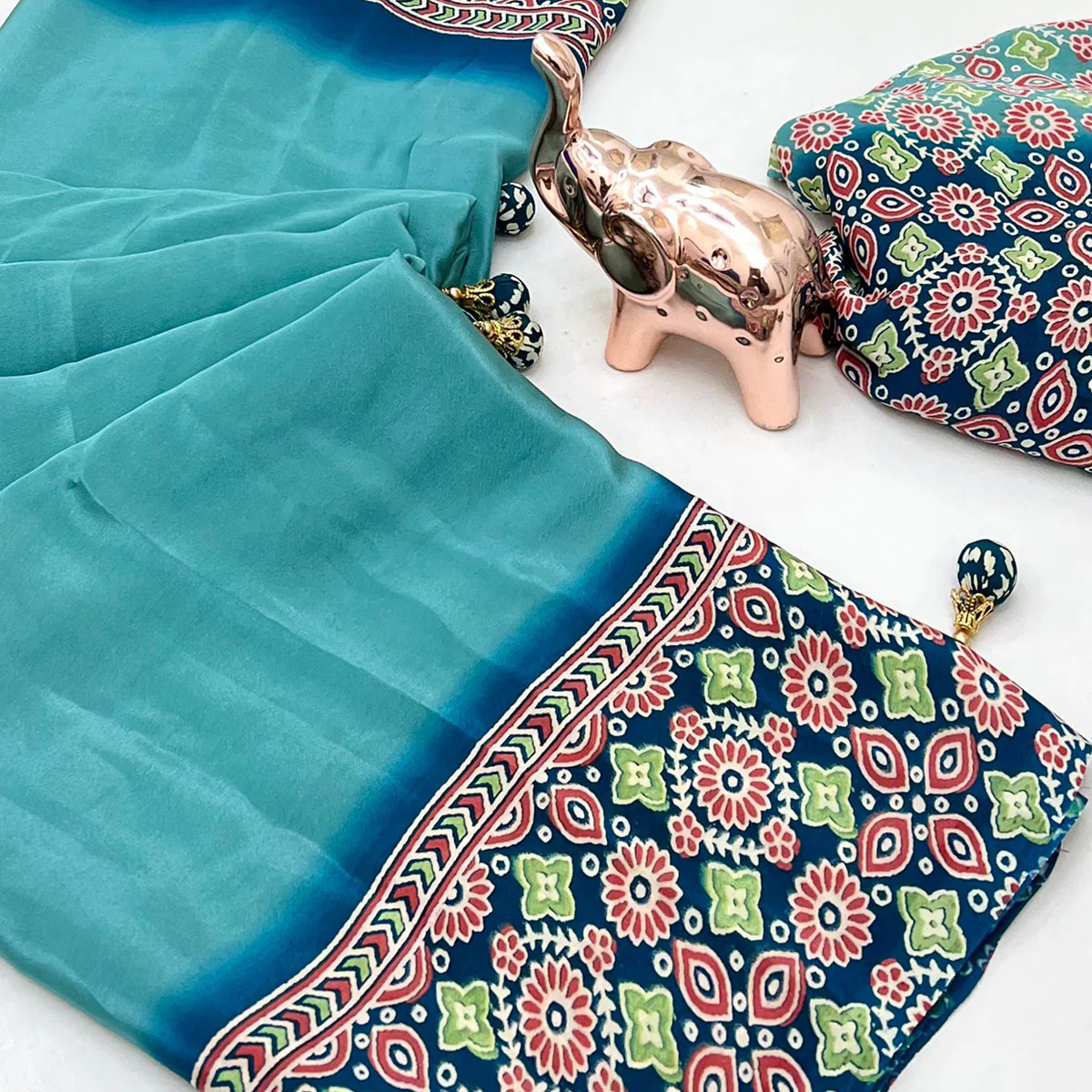 Turquoise Solid Satin Saree Featuring Bold Ajrakh Print and Tassel Accented Pallu - Image 2