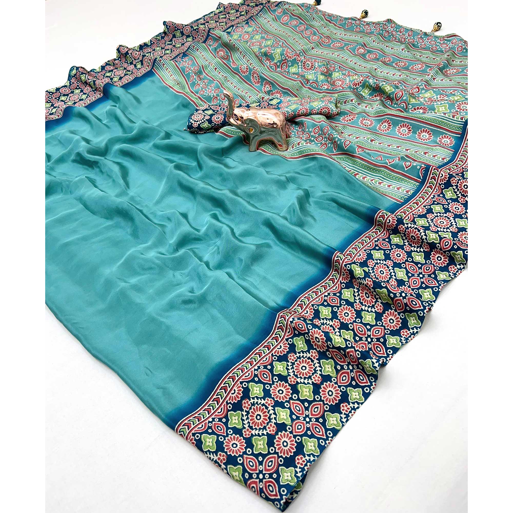 Turquoise Solid Satin Saree Featuring Bold Ajrakh Print and Tassel Accented Pallu - Image 3