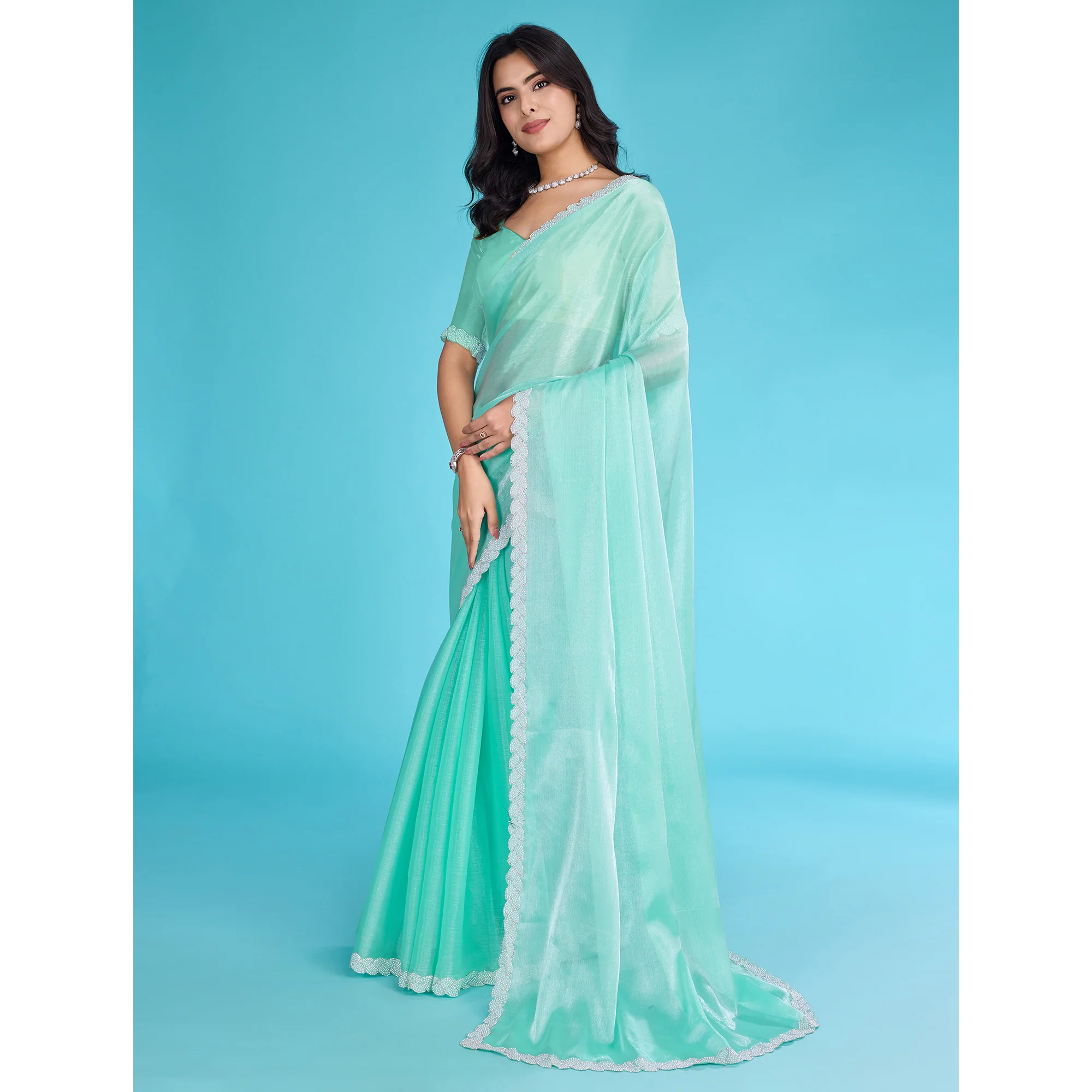 Turquoise Solid With Zarkan & Ceramic Pearl Diamond Lace Tissue Saree - Image 4