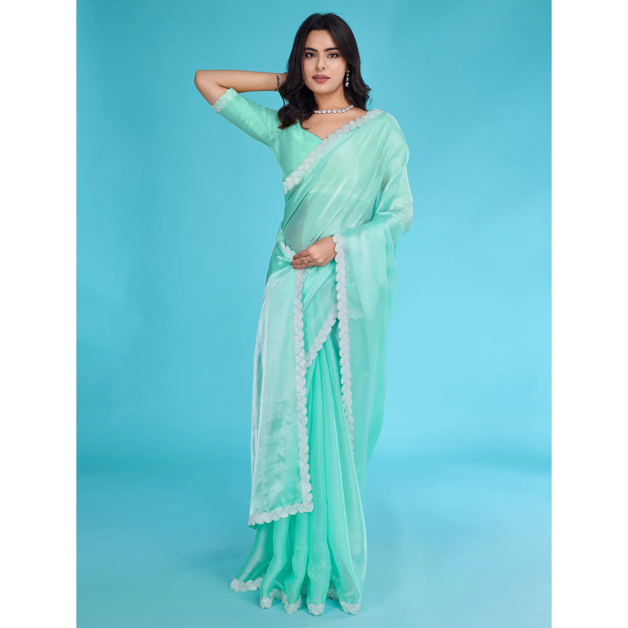 Turquoise Solid With Zarkan & Ceramic Pearl Diamond Lace Tissue Saree - Image 5