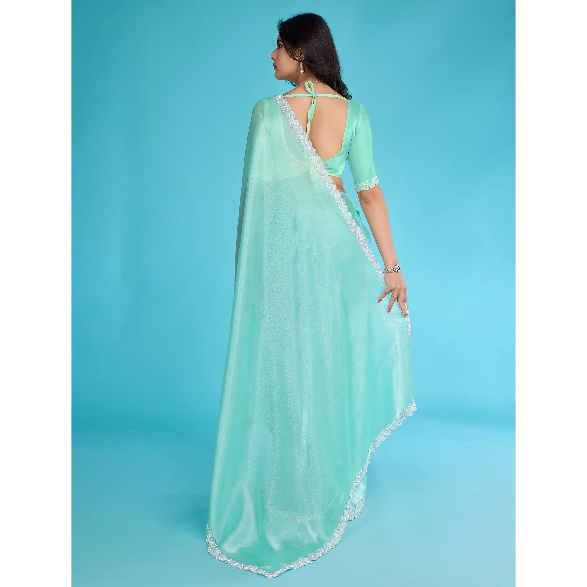 Turquoise Solid With Zarkan & Ceramic Pearl Diamond Lace Tissue Saree - Image 6
