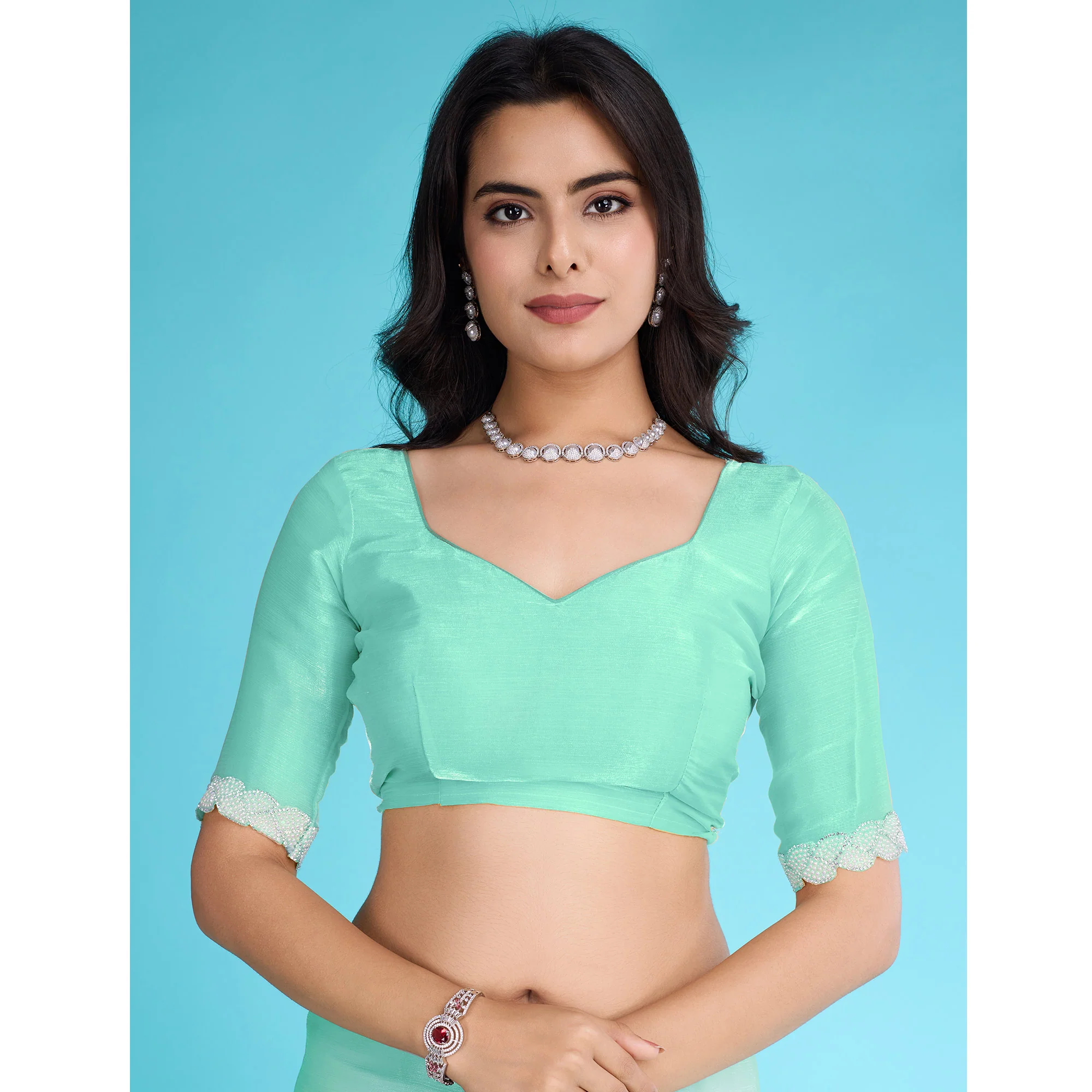 Turquoise Solid With Zarkan & Ceramic Pearl Diamond Lace Tissue Saree - Image 8