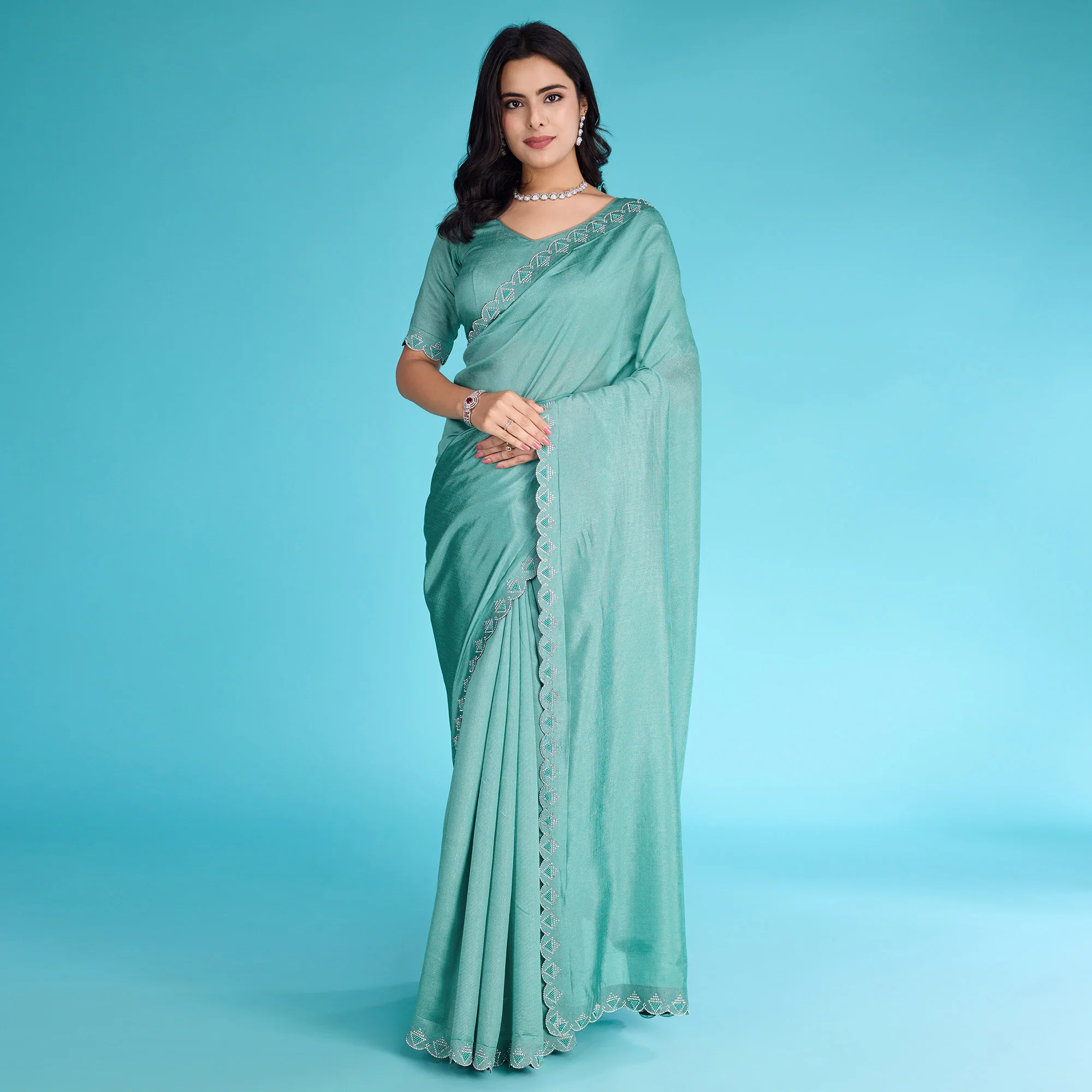 Turquoise Solid With Zarkan & Pearl Diamond Lace Khadi Shimmer Saree - Image 2