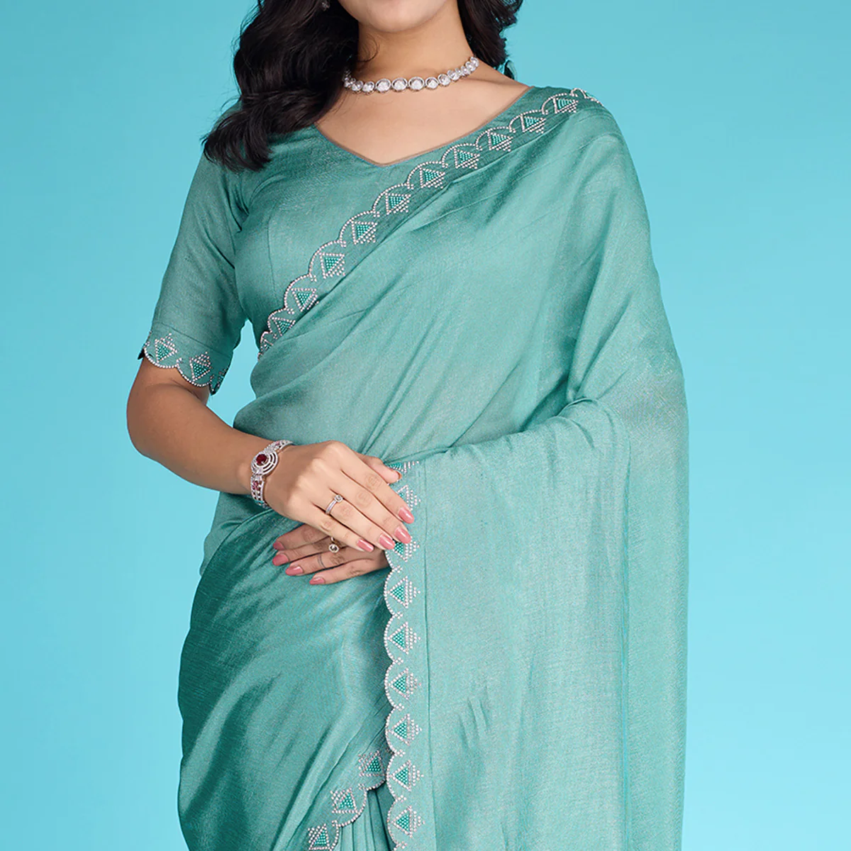 Turquoise Solid With Zarkan & Pearl Diamond Lace Khadi Shimmer Saree - Image 3