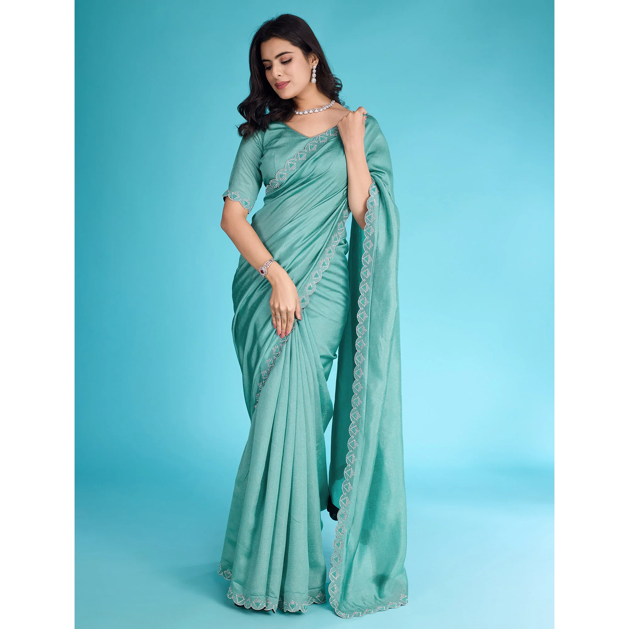 Turquoise Solid With Zarkan & Pearl Diamond Lace Khadi Shimmer Saree - Image 4