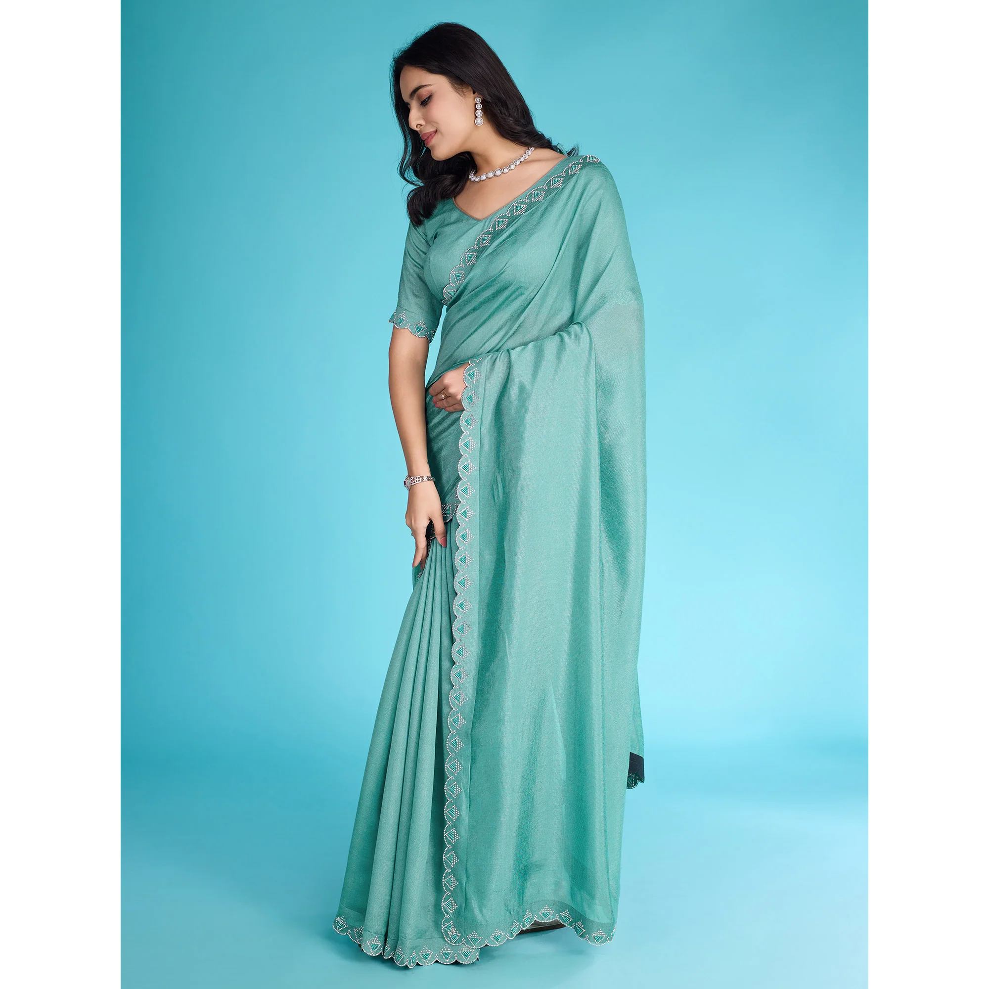 Turquoise Solid With Zarkan & Pearl Diamond Lace Khadi Shimmer Saree - Image 5