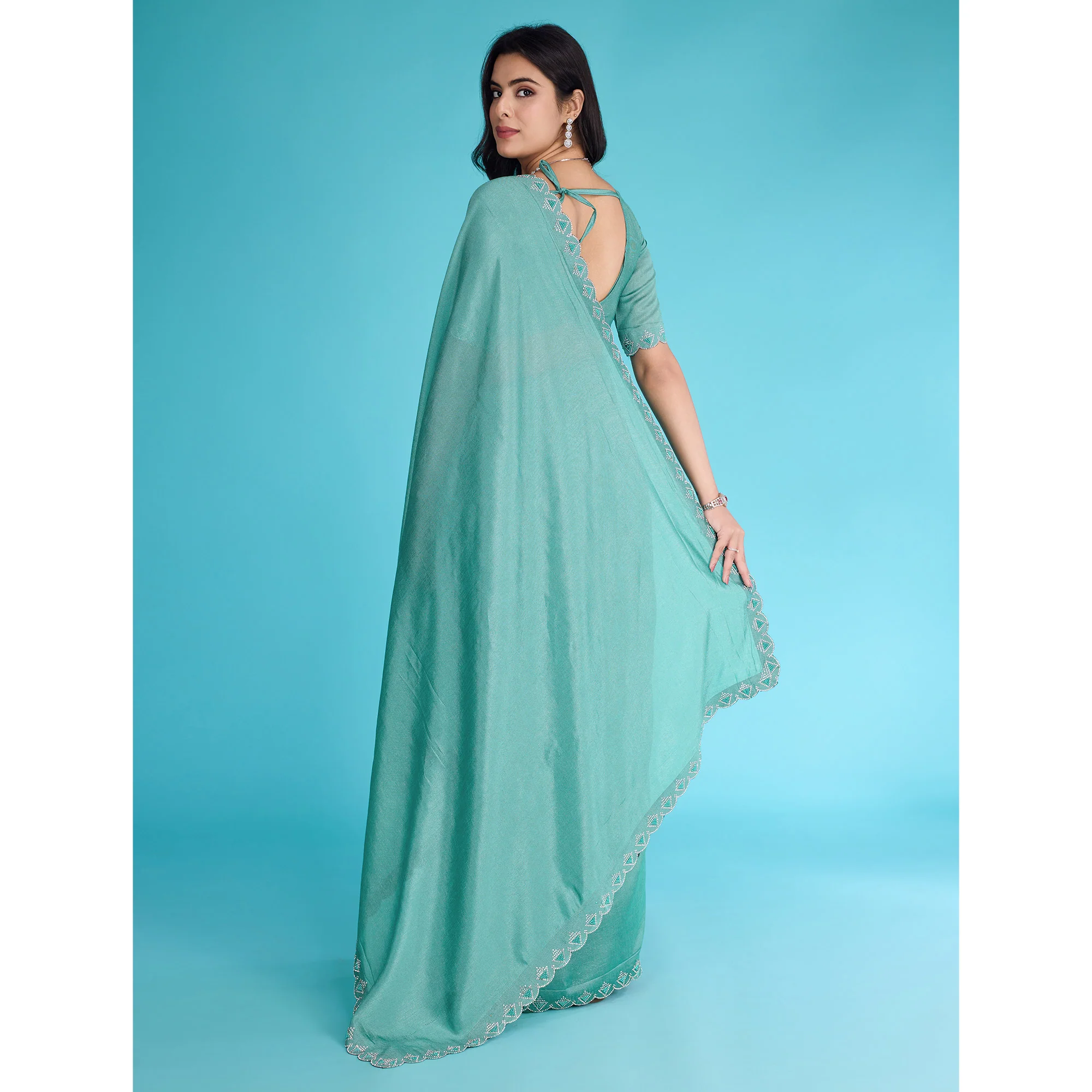 Turquoise Solid With Zarkan & Pearl Diamond Lace Khadi Shimmer Saree - Image 6