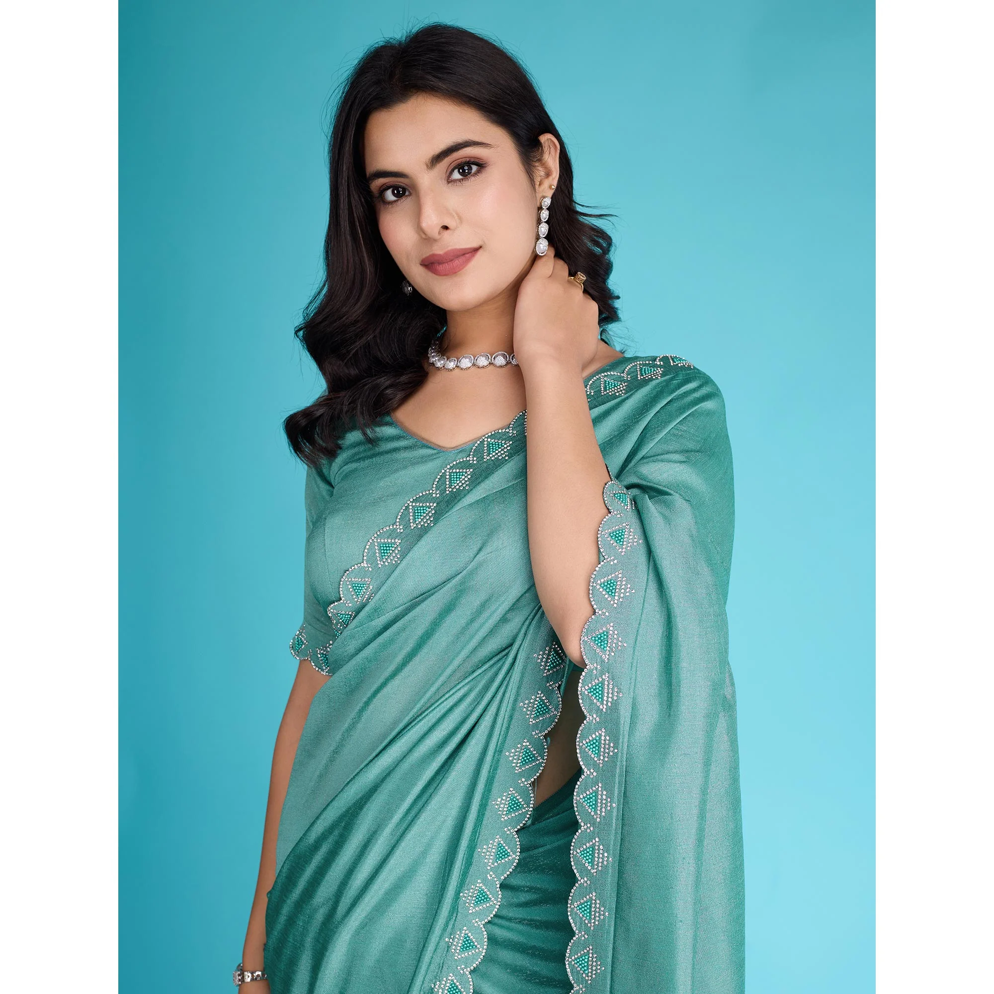 Turquoise Solid With Zarkan & Pearl Diamond Lace Khadi Shimmer Saree - Image 7