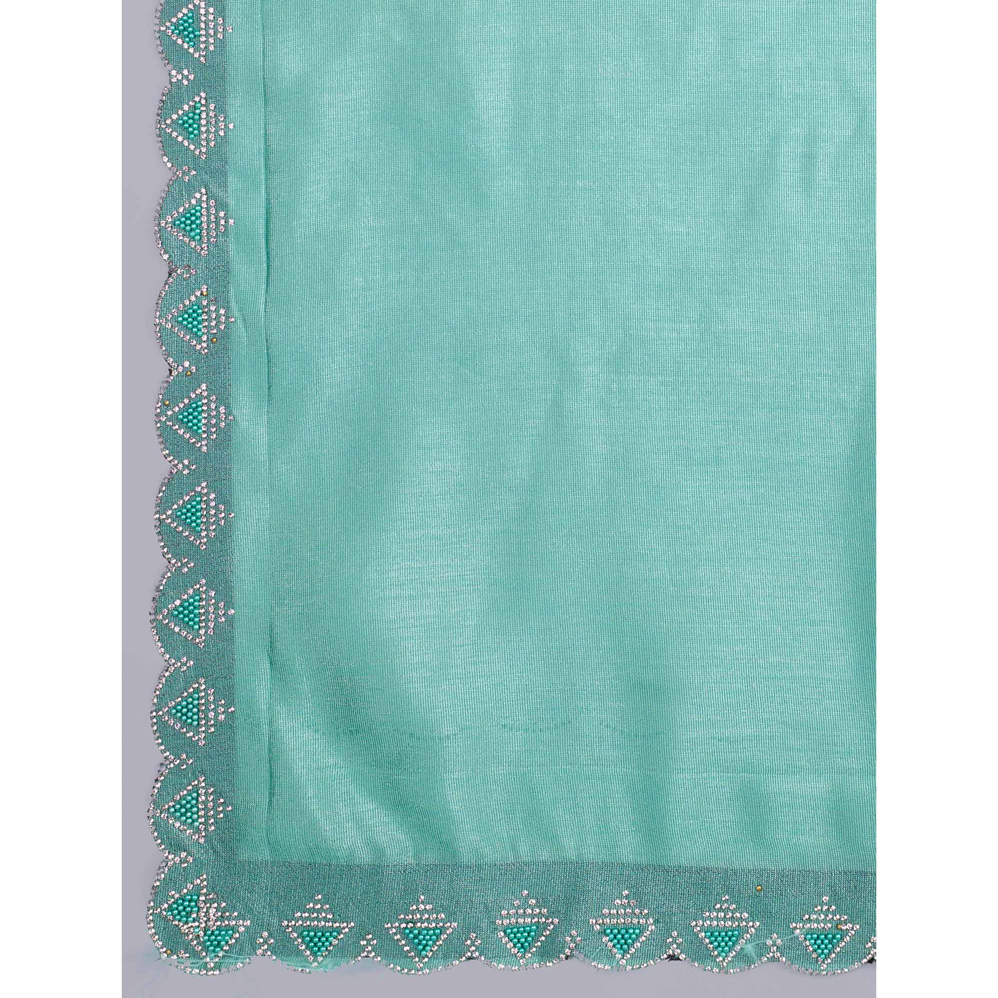 Turquoise Solid With Zarkan & Pearl Diamond Lace Khadi Shimmer Saree - Image 9