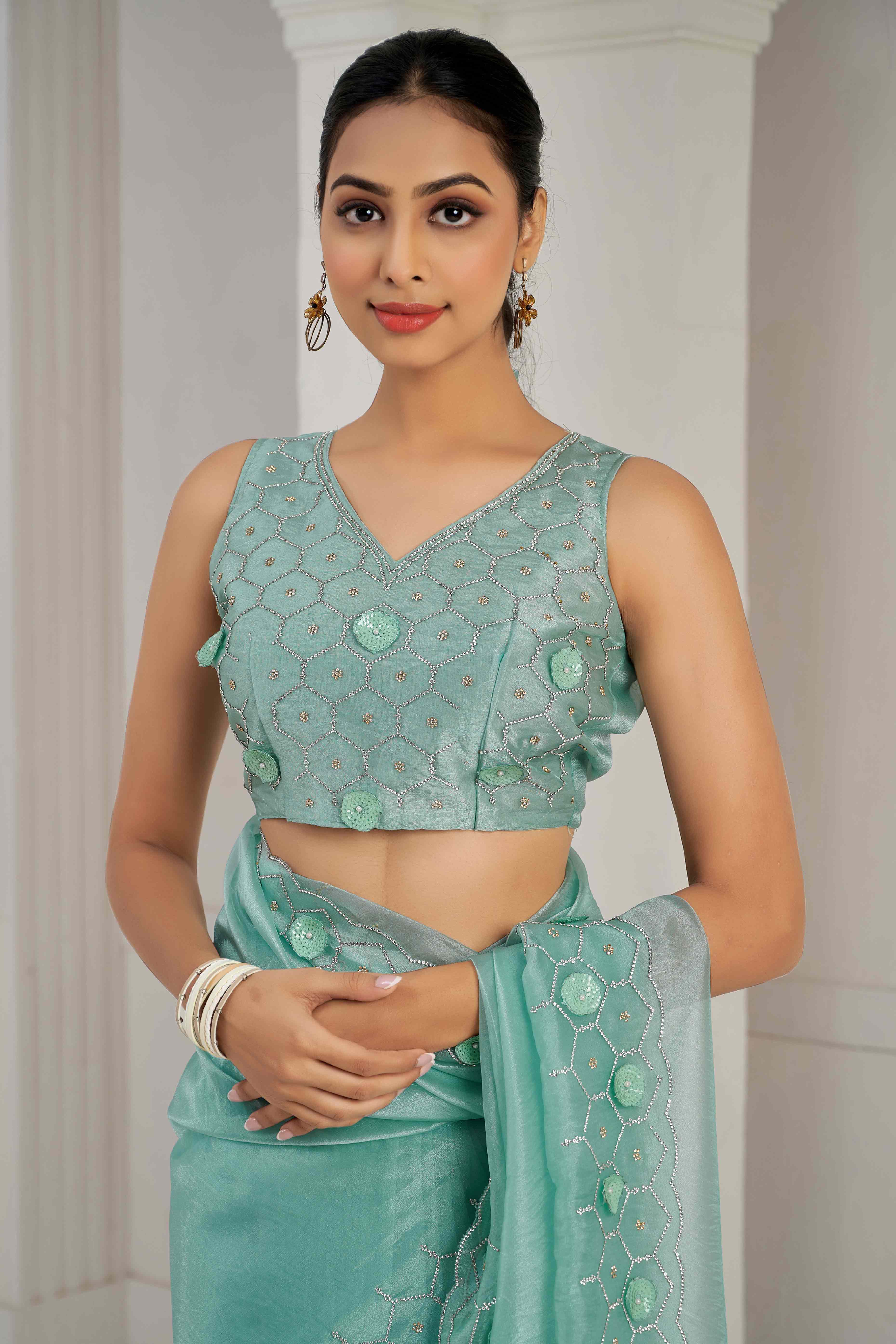 Turquoise Stone Work Soft Organza Saree - Image 6