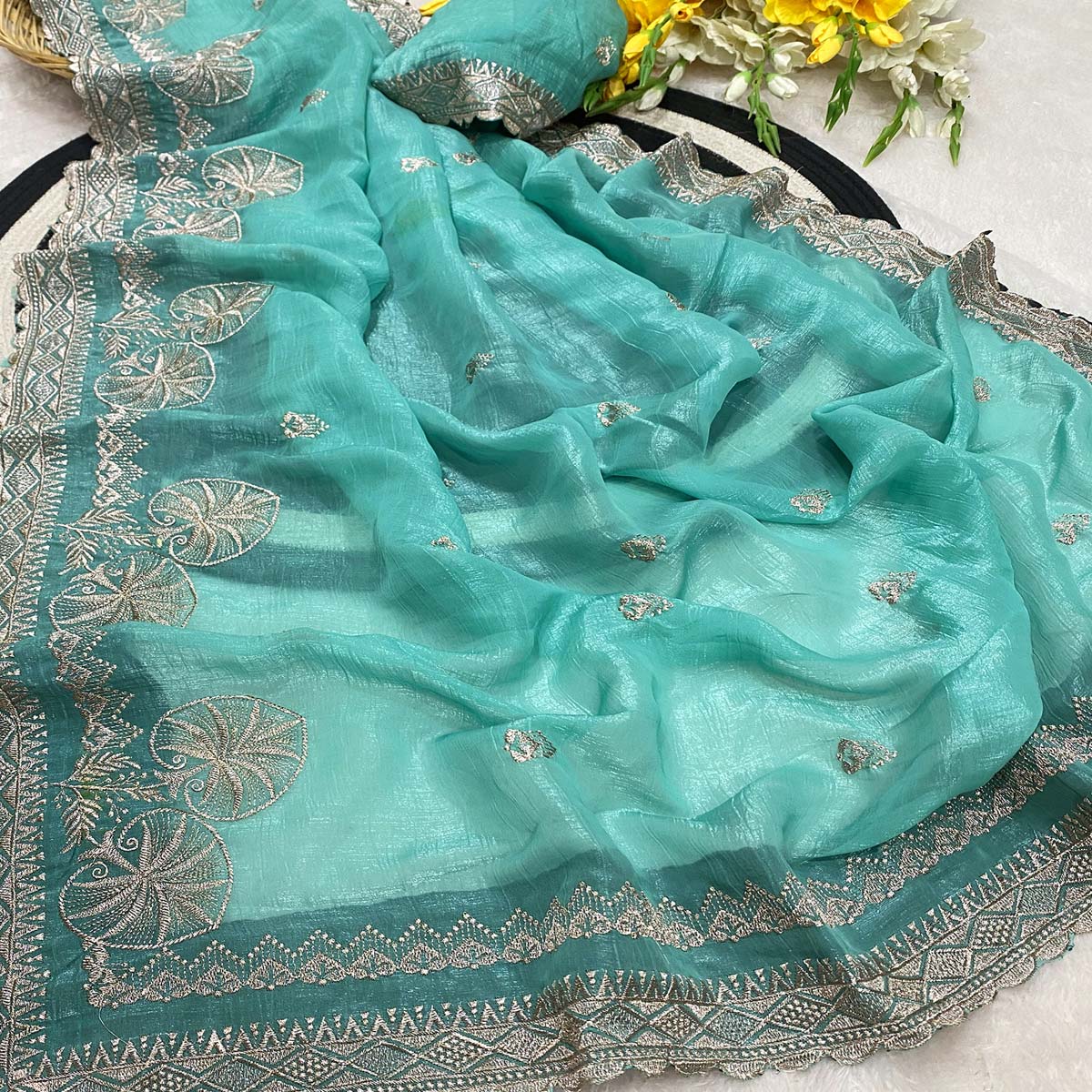 Turquoise Thread Work Chiffon Silk Saree Premium Crunchy Texture Festive Wear - Image 2