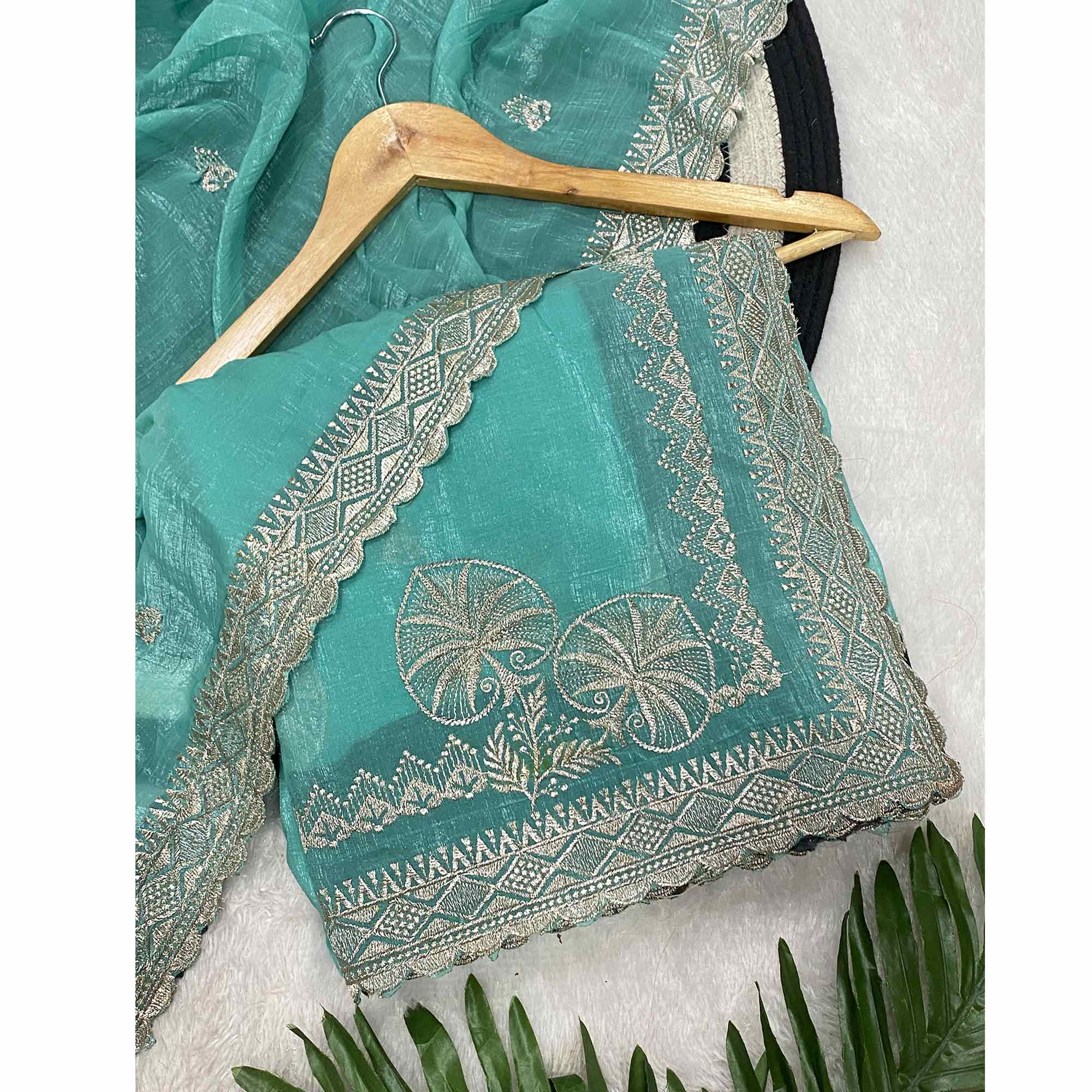 Turquoise Thread Work Chiffon Silk Saree Premium Crunchy Texture Festive Wear - Image 3