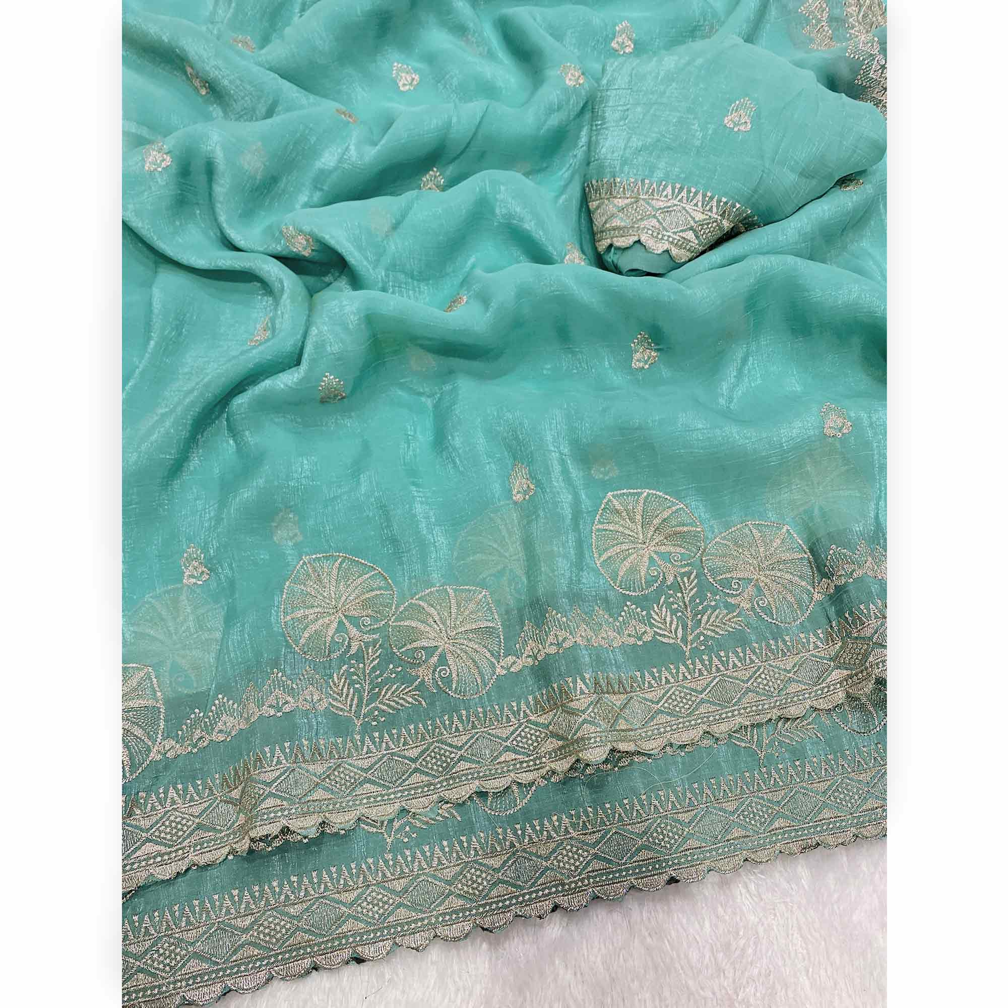 Turquoise Thread Work Chiffon Silk Saree Premium Crunchy Texture Festive Wear - Image 4