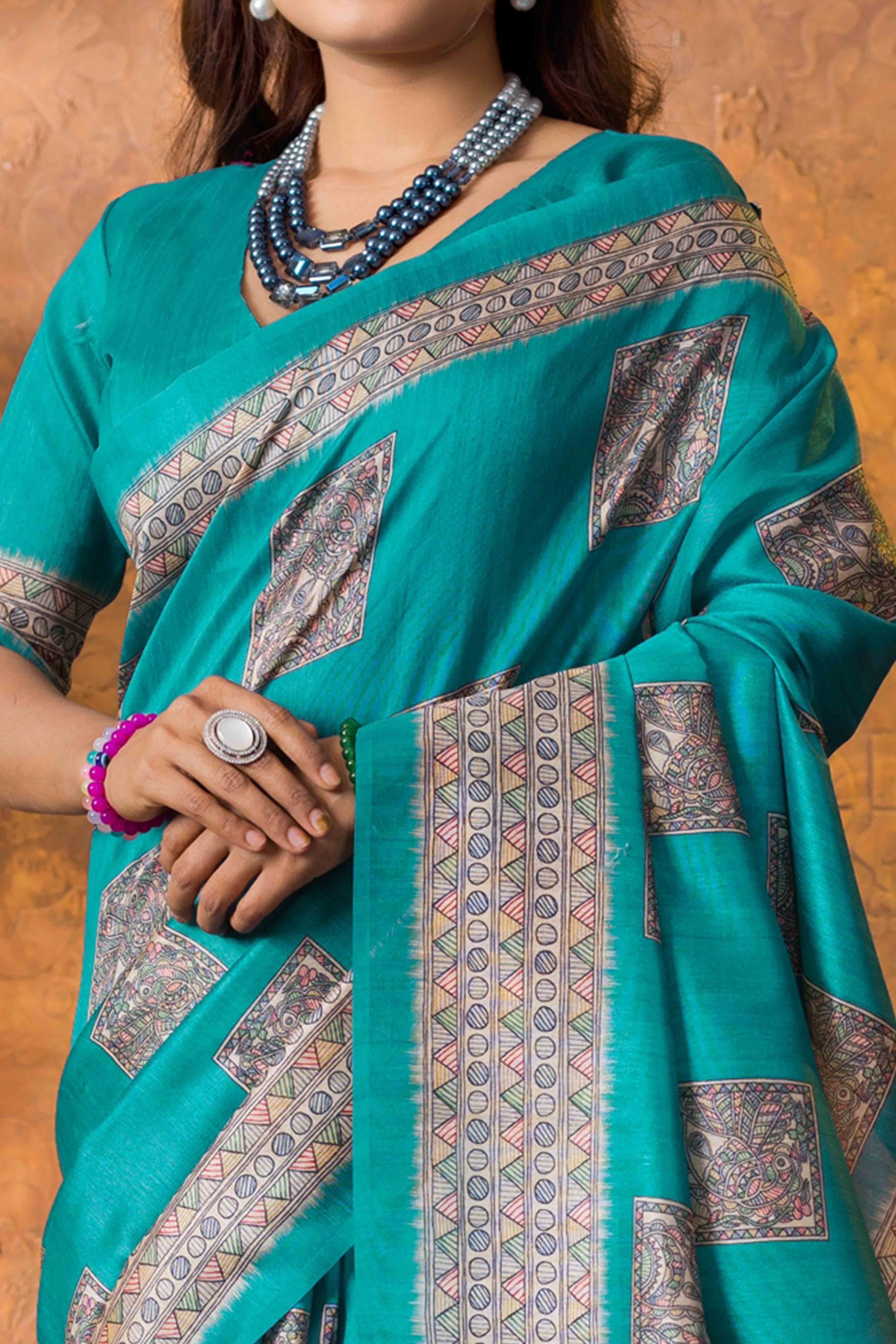 Turquoise Tussar Silk Saree with Traditional Mughal Prints - Image 2