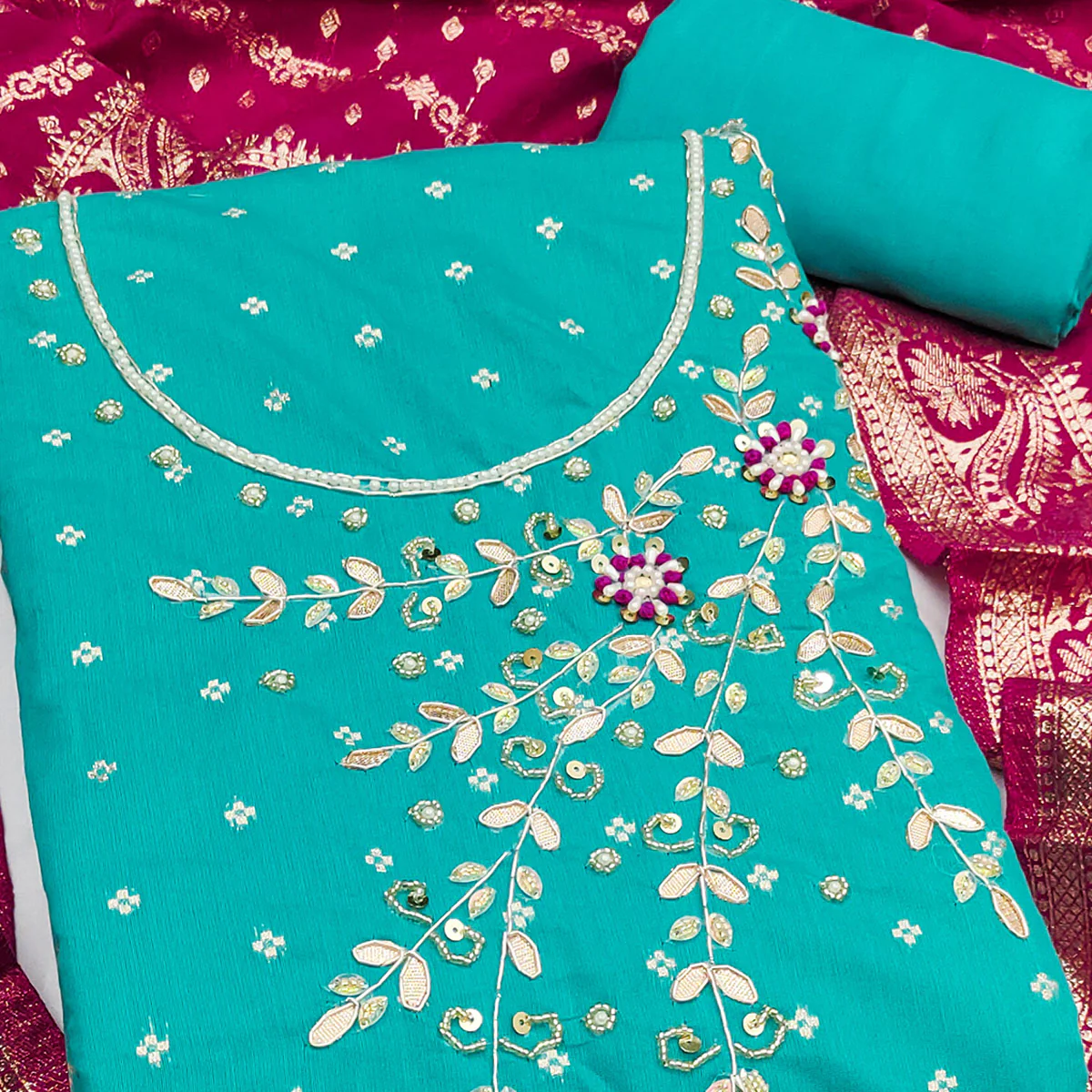 Turquoise Unstitched Cotton Silk Dress Fabric with Gota Patti Embroidery and Woven Finish - Image 2