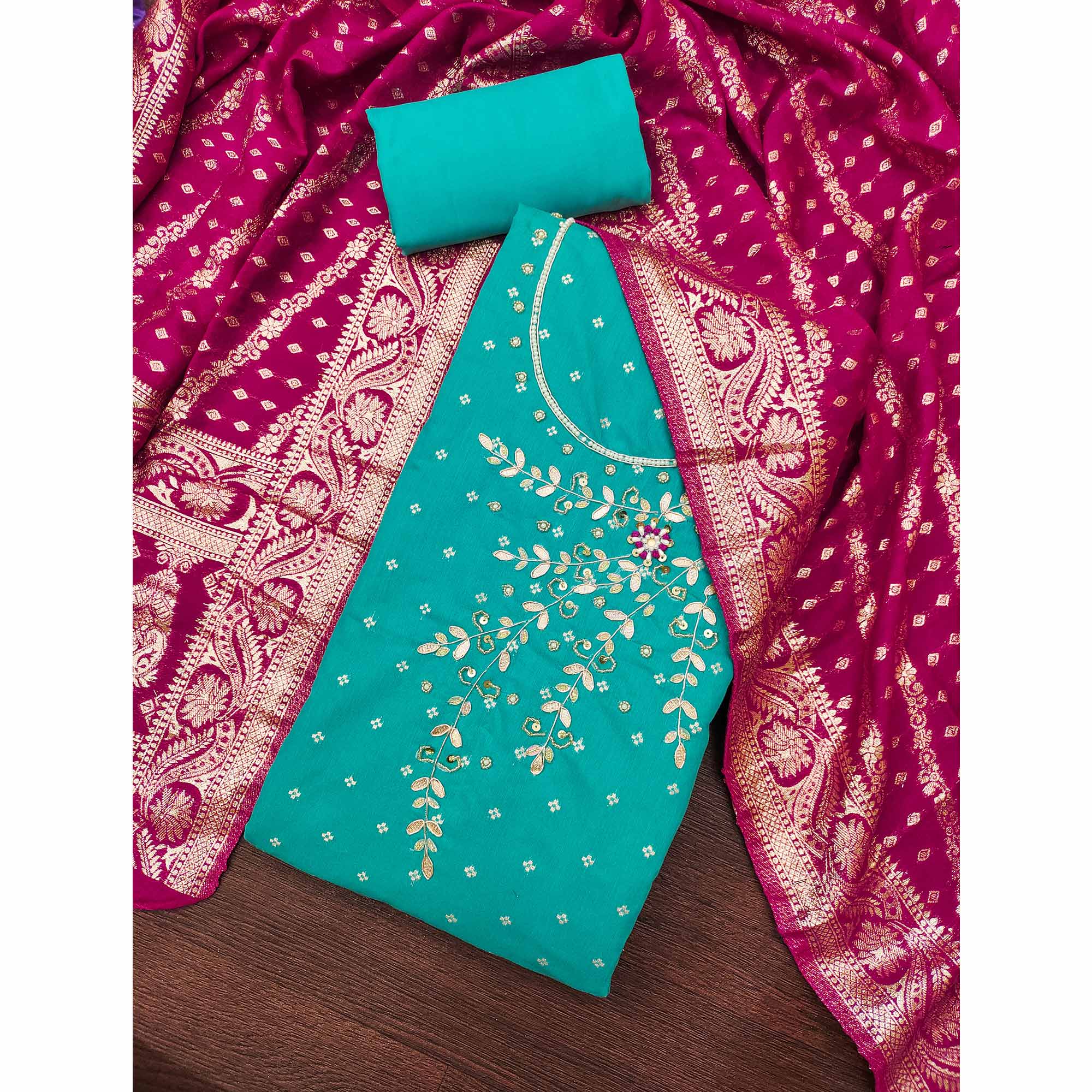 Turquoise Unstitched Cotton Silk Dress Fabric with Gota Patti Embroidery and Woven Finish - Image 3