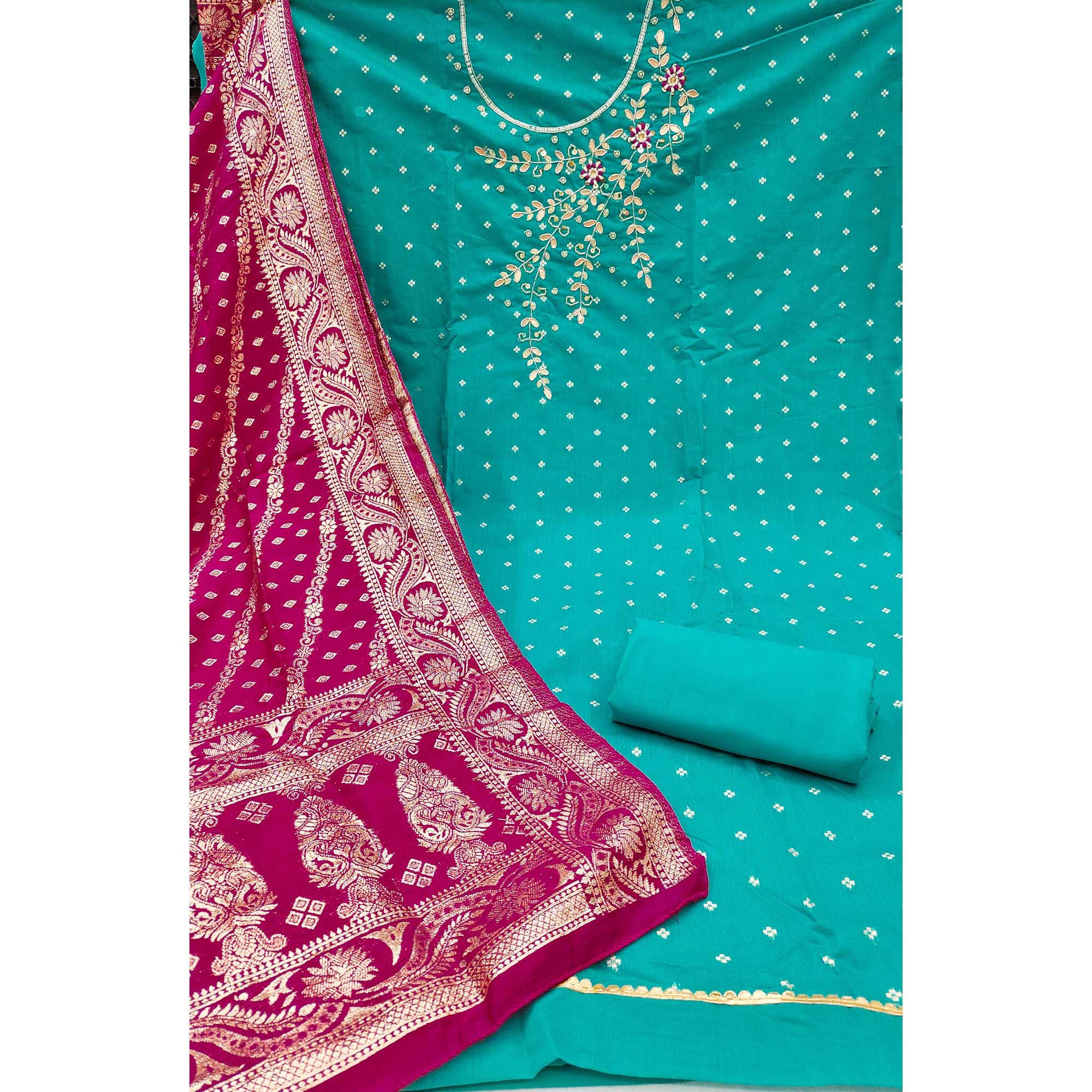 Turquoise Unstitched Cotton Silk Dress Fabric with Gota Patti Embroidery and Woven Finish - Image 4
