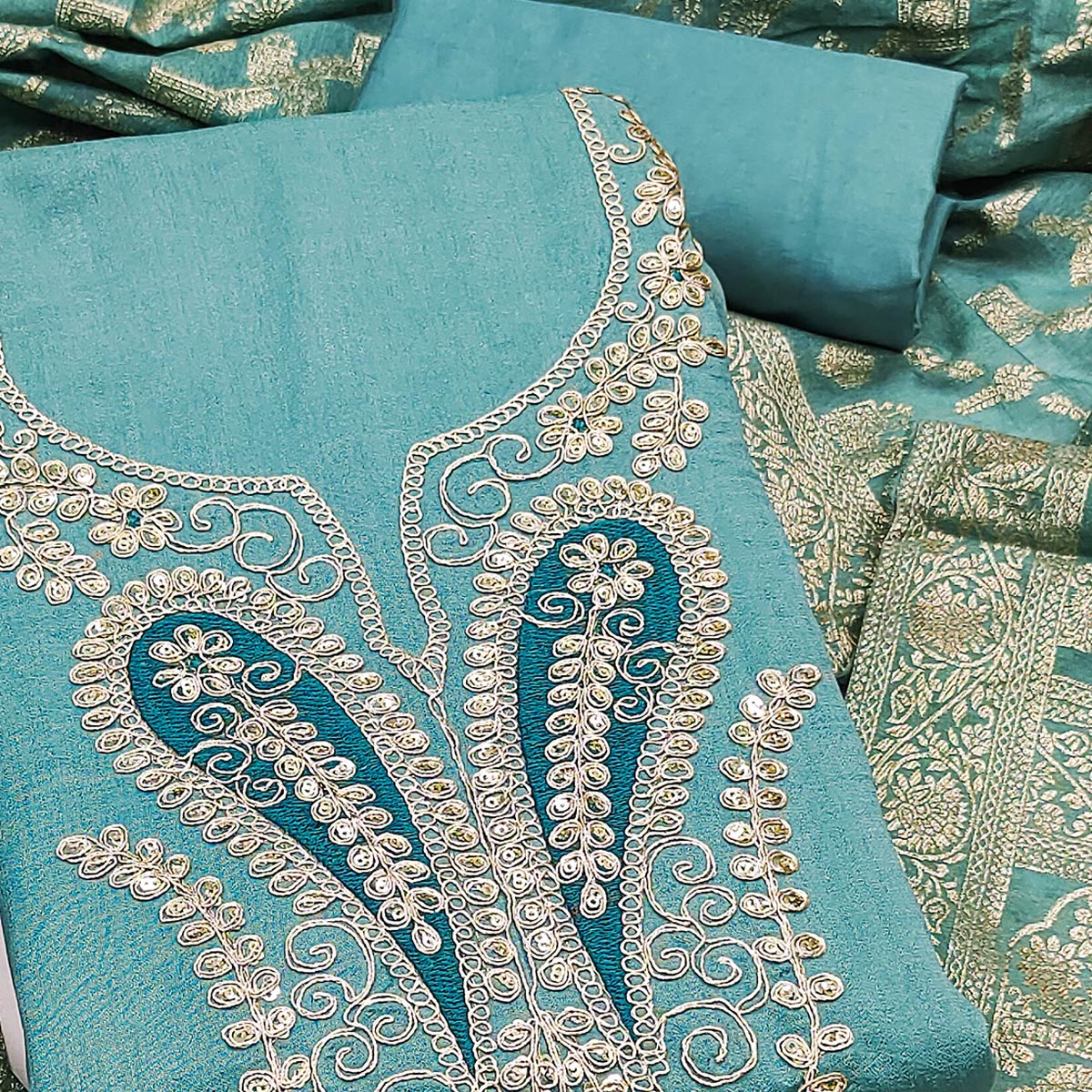 Turquoise Vichitra Silk Dress Material Enhanced With Elegant Floral Sequins Cording Embroidery - Image 2