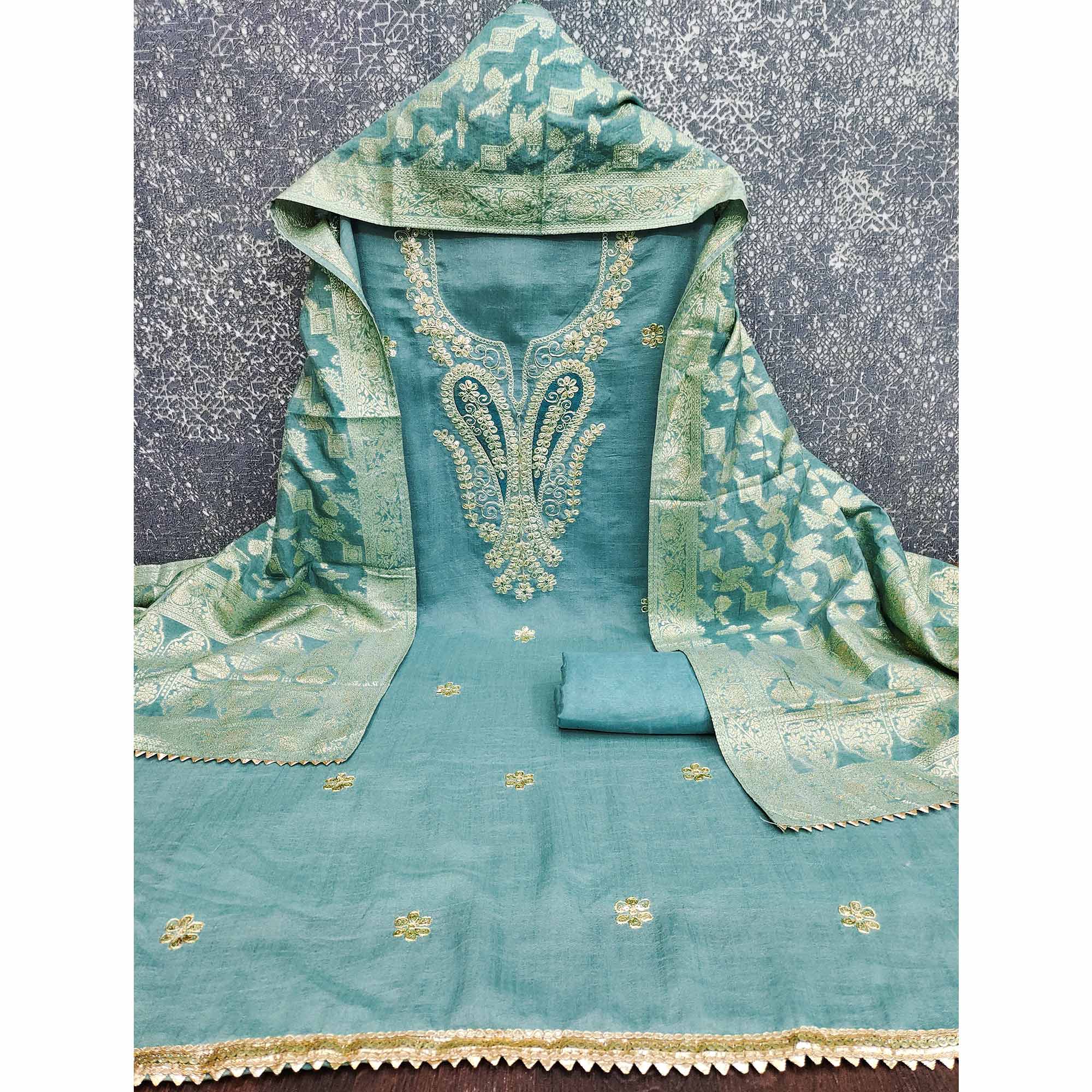 Turquoise Vichitra Silk Dress Material Enhanced With Elegant Floral Sequins Cording Embroidery - Image 4