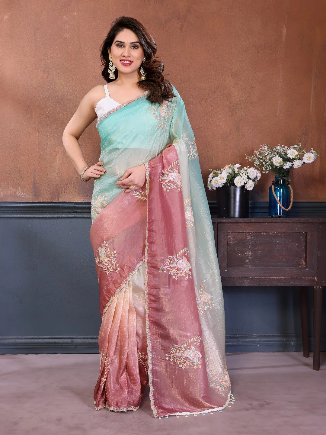 Turquoise & Wine Ombre Georgette Silk Saree With Artistic Bird Motif Sequins Embroidery Work