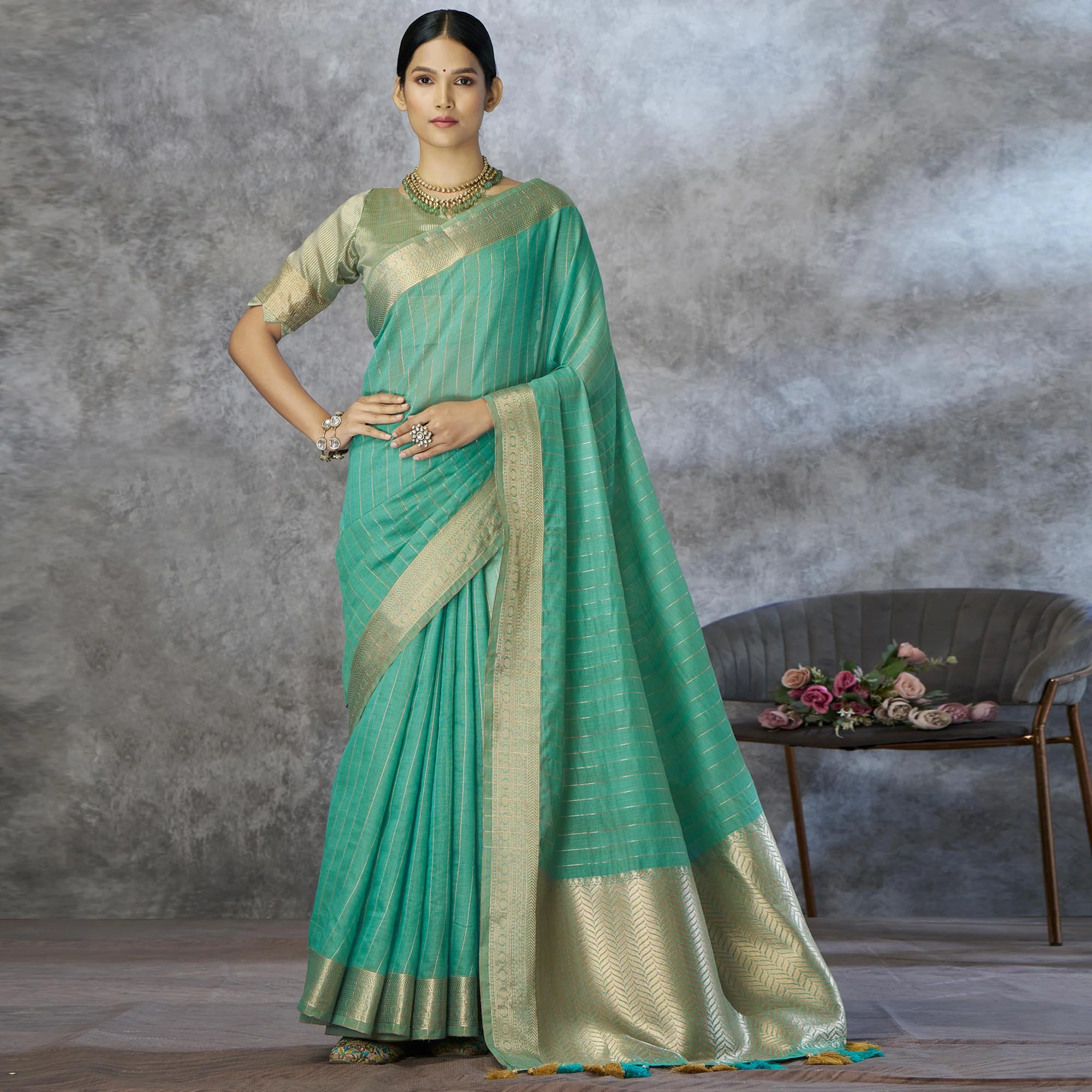 Turquoise Woven Cotton Silk Saree With Tassels - Image 2