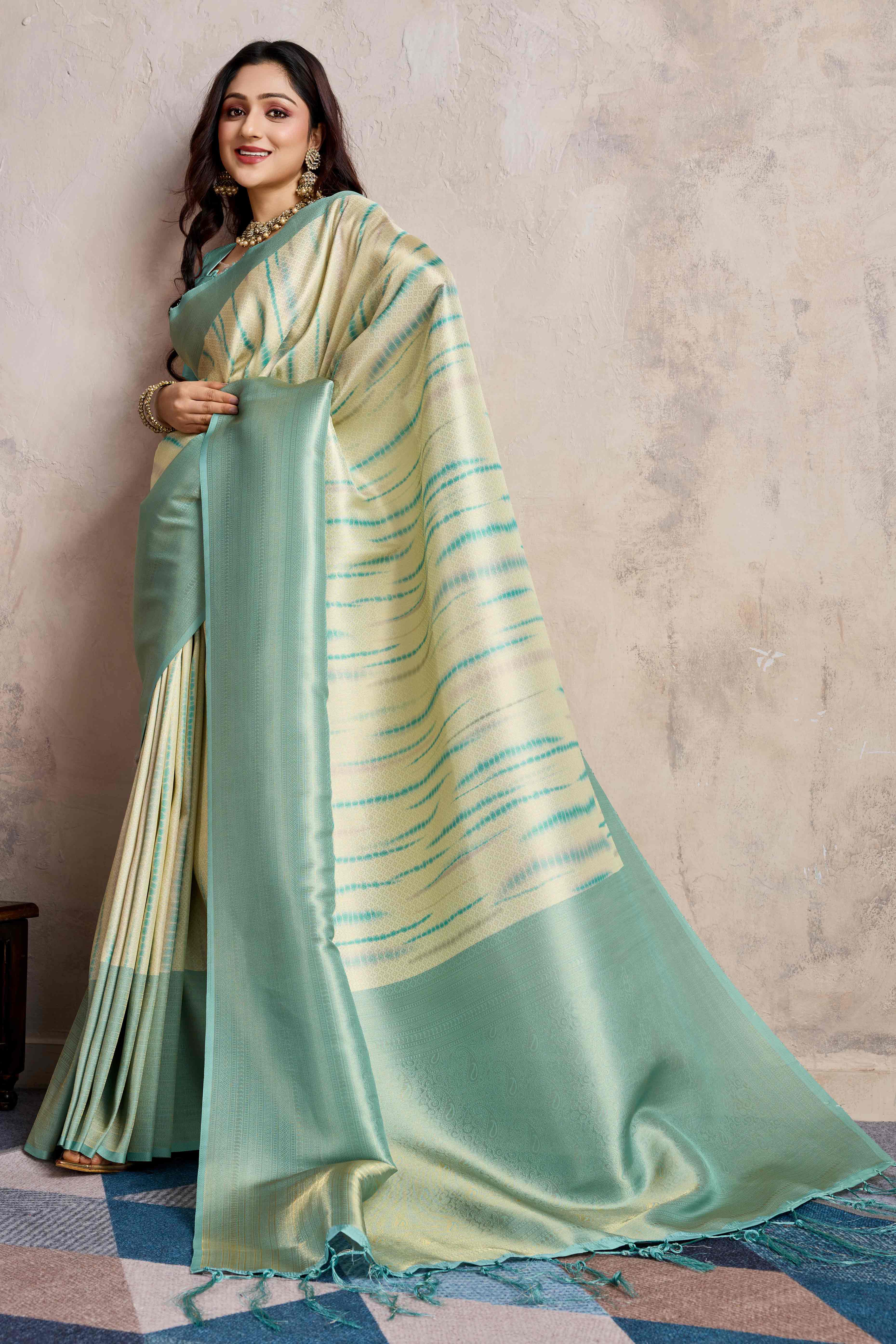 Turquoise Woven With Digital Printed Banarasi Silk Saree - Image 5