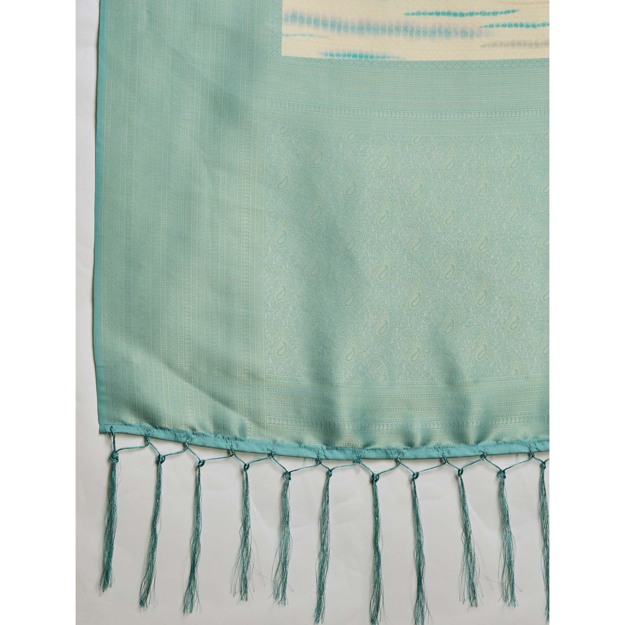 Turquoise Woven With Digital Printed Banarasi Silk Saree - Image 9