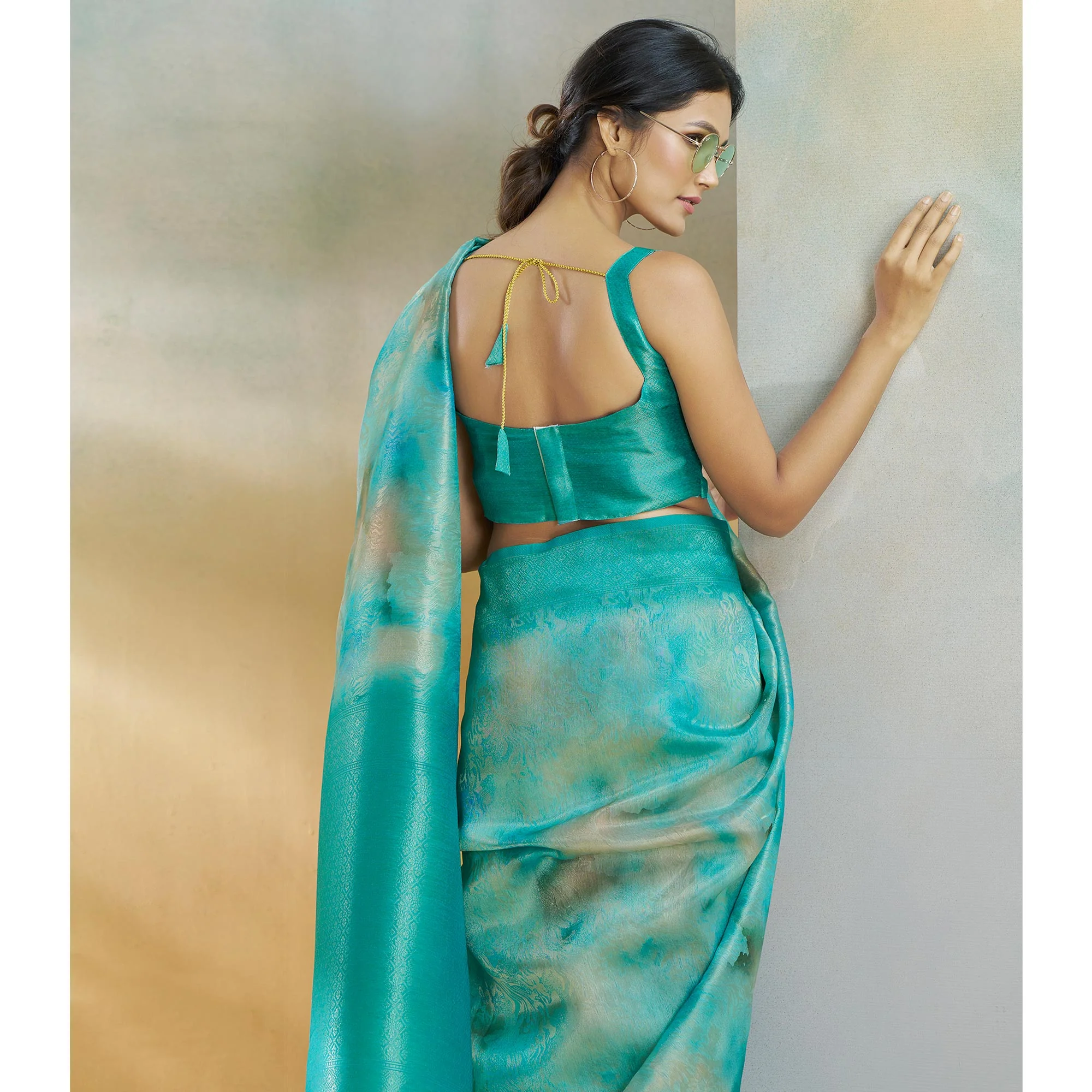 Turquoise Woven With Digital Printed Linen Saree - Image 7