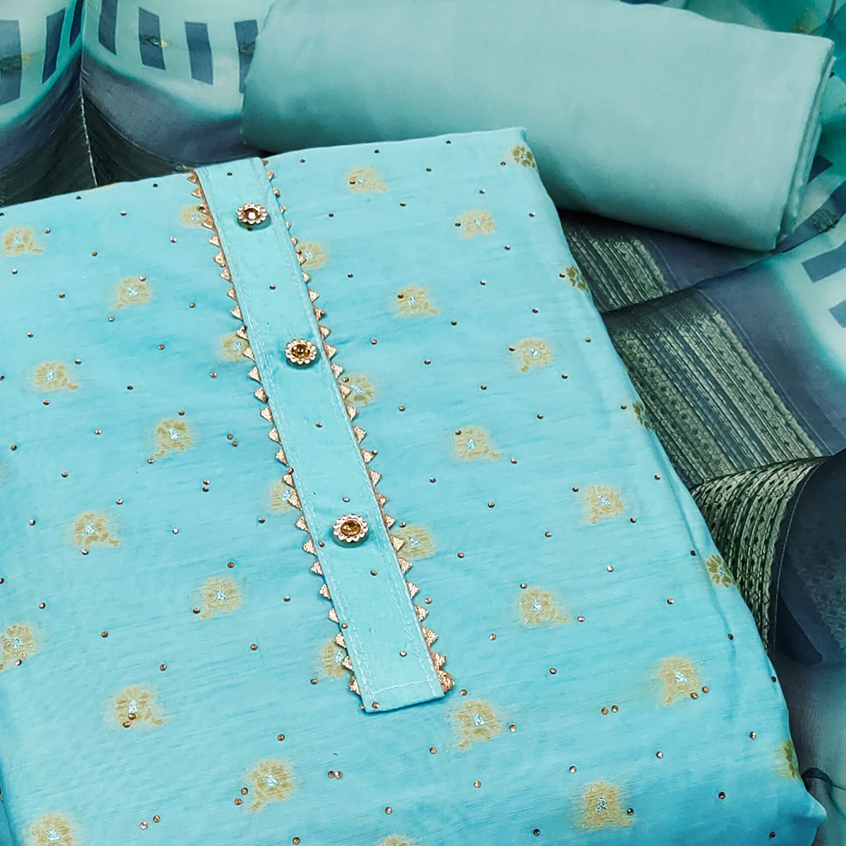 Turquoise Woven With Swarovski Work Banarasi Silk Dress Material - Image 2