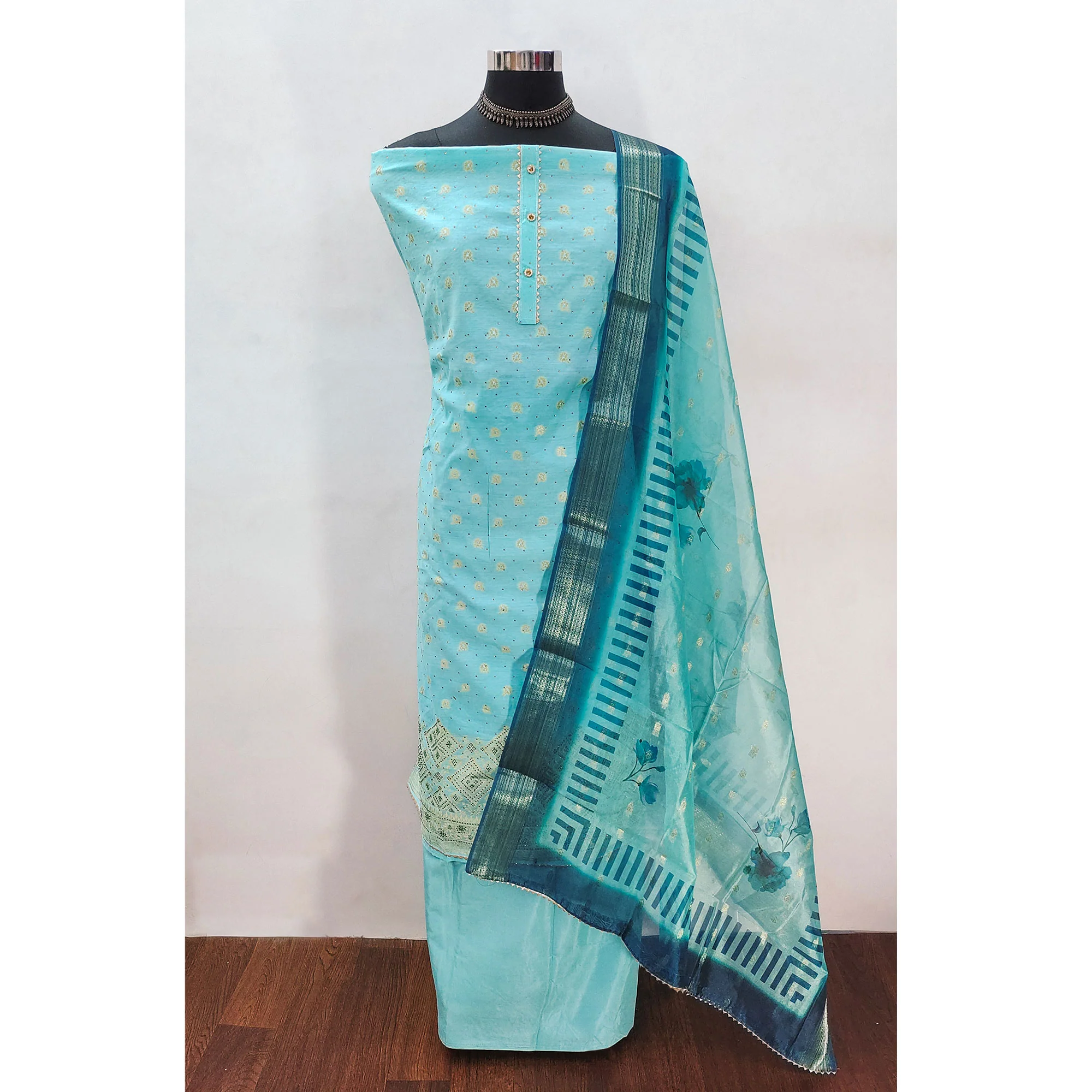 Turquoise Woven With Swarovski Work Banarasi Silk Dress Material - Image 3