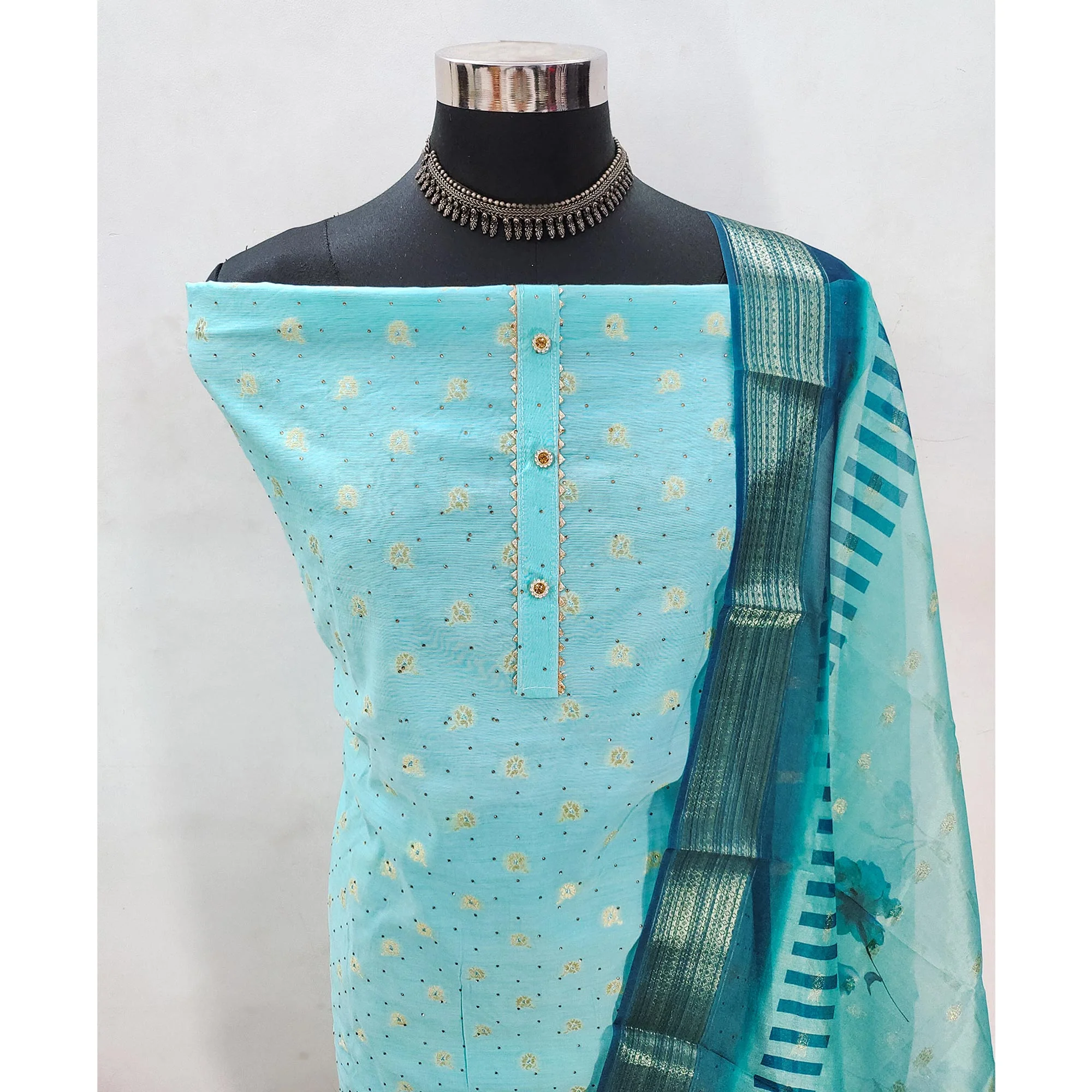 Turquoise Woven With Swarovski Work Banarasi Silk Dress Material - Image 4
